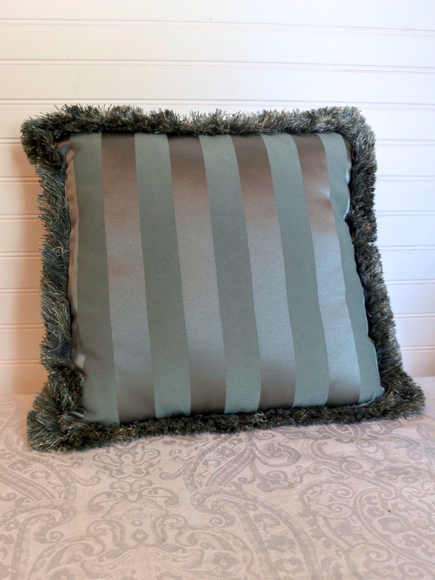 Dusty Blue Velvet Satin Stripes Throw Pillow
