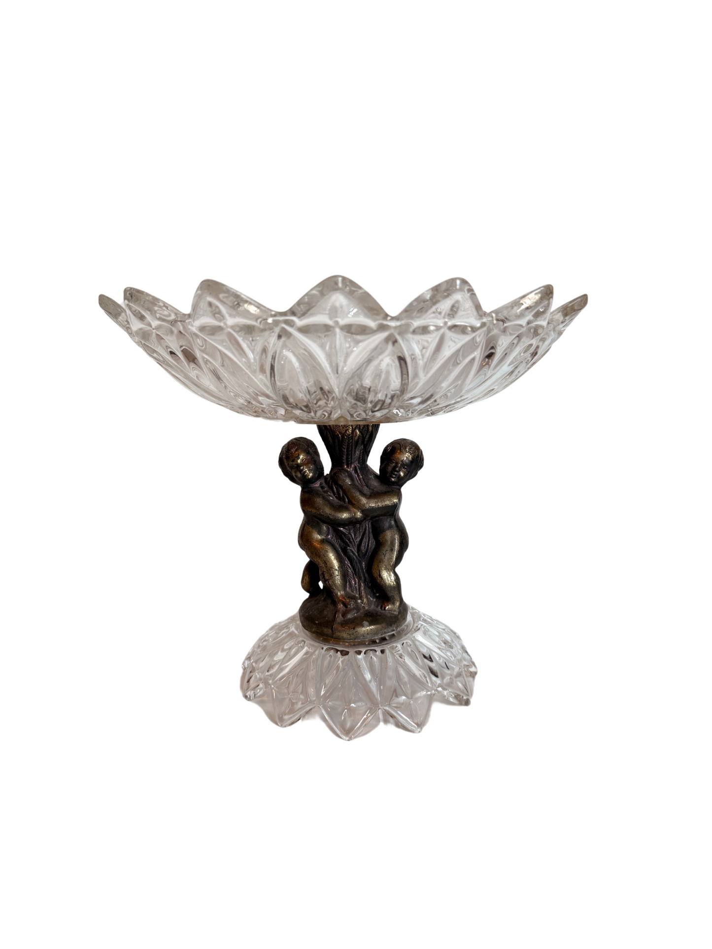 Hollywood Regency Cut Glass Cherub Pedestal Dish