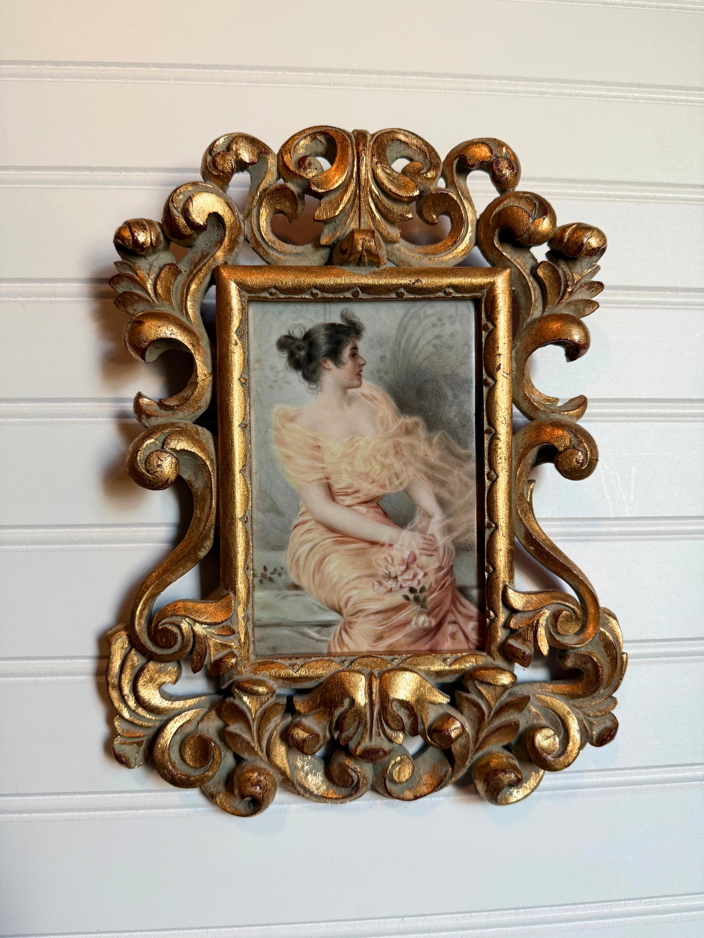 Lady in Peach Dress Painting on Porcelain