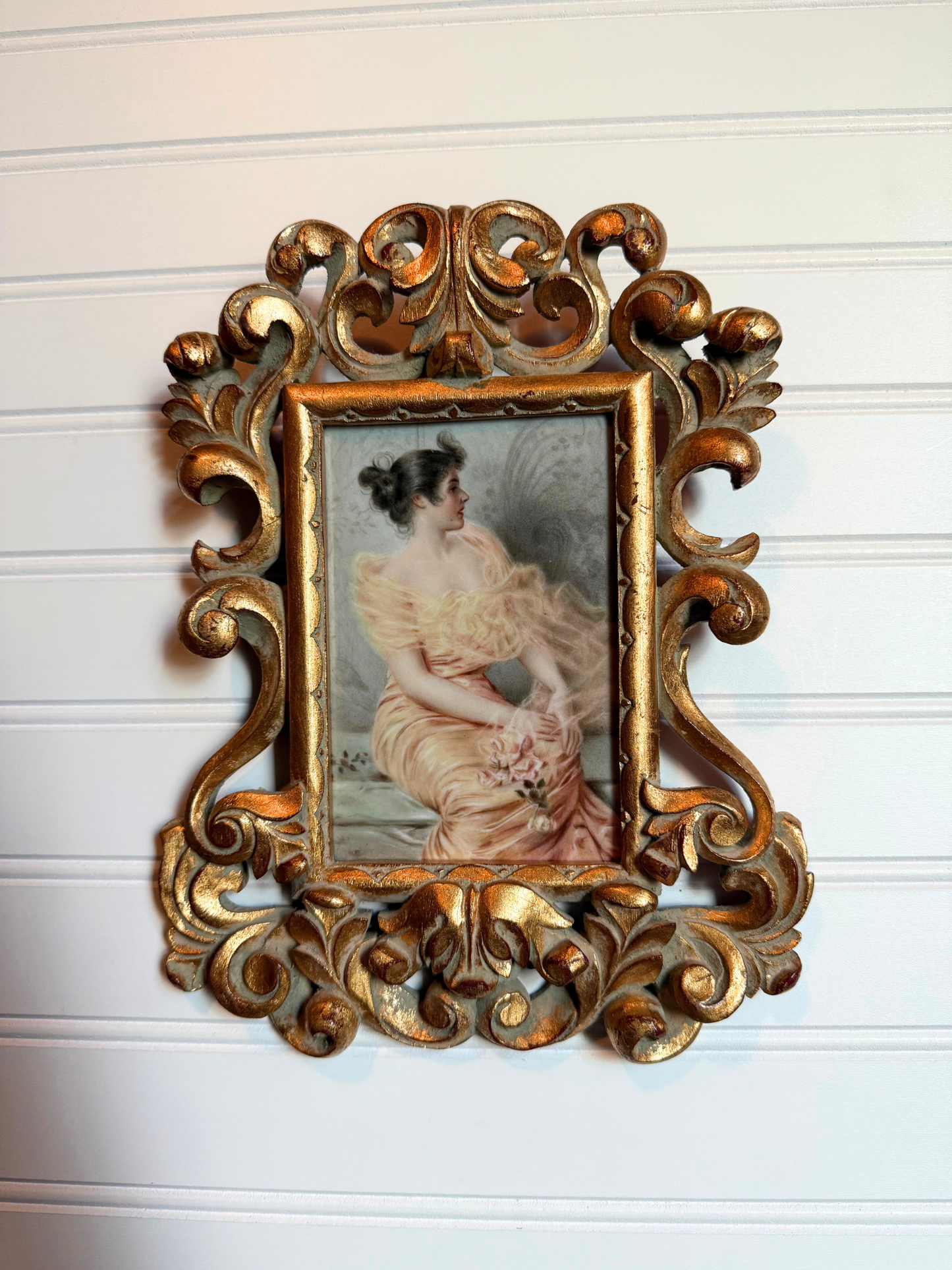 Lady in Peach Dress Painting on Porcelain