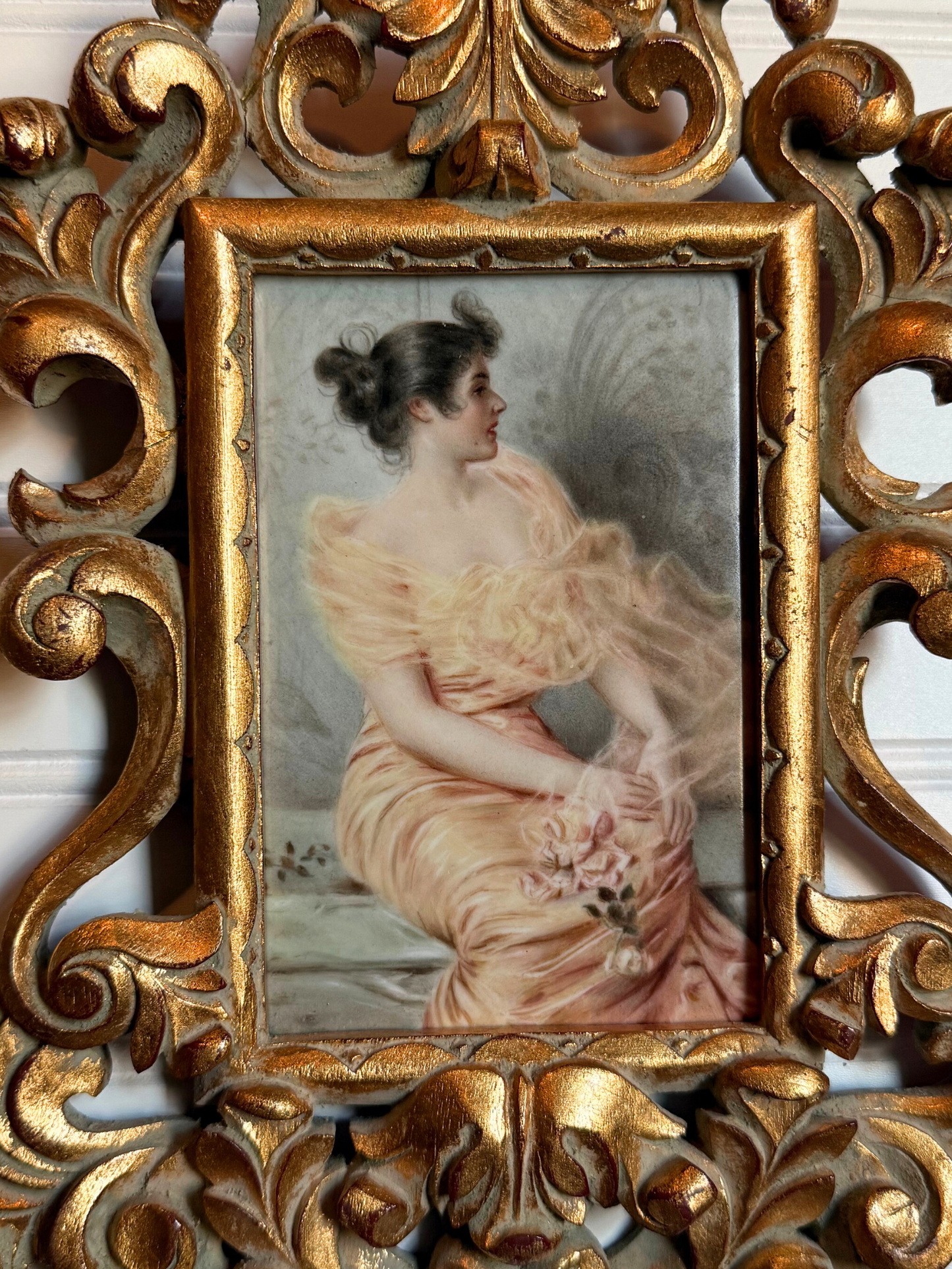 Lady in Peach Dress Painting on Porcelain