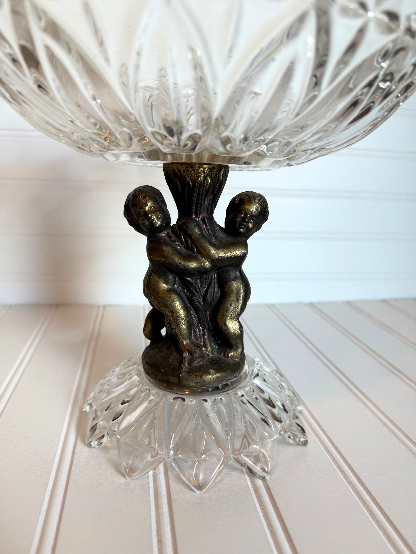Hollywood Regency Cut Glass Cherub Pedestal Dish