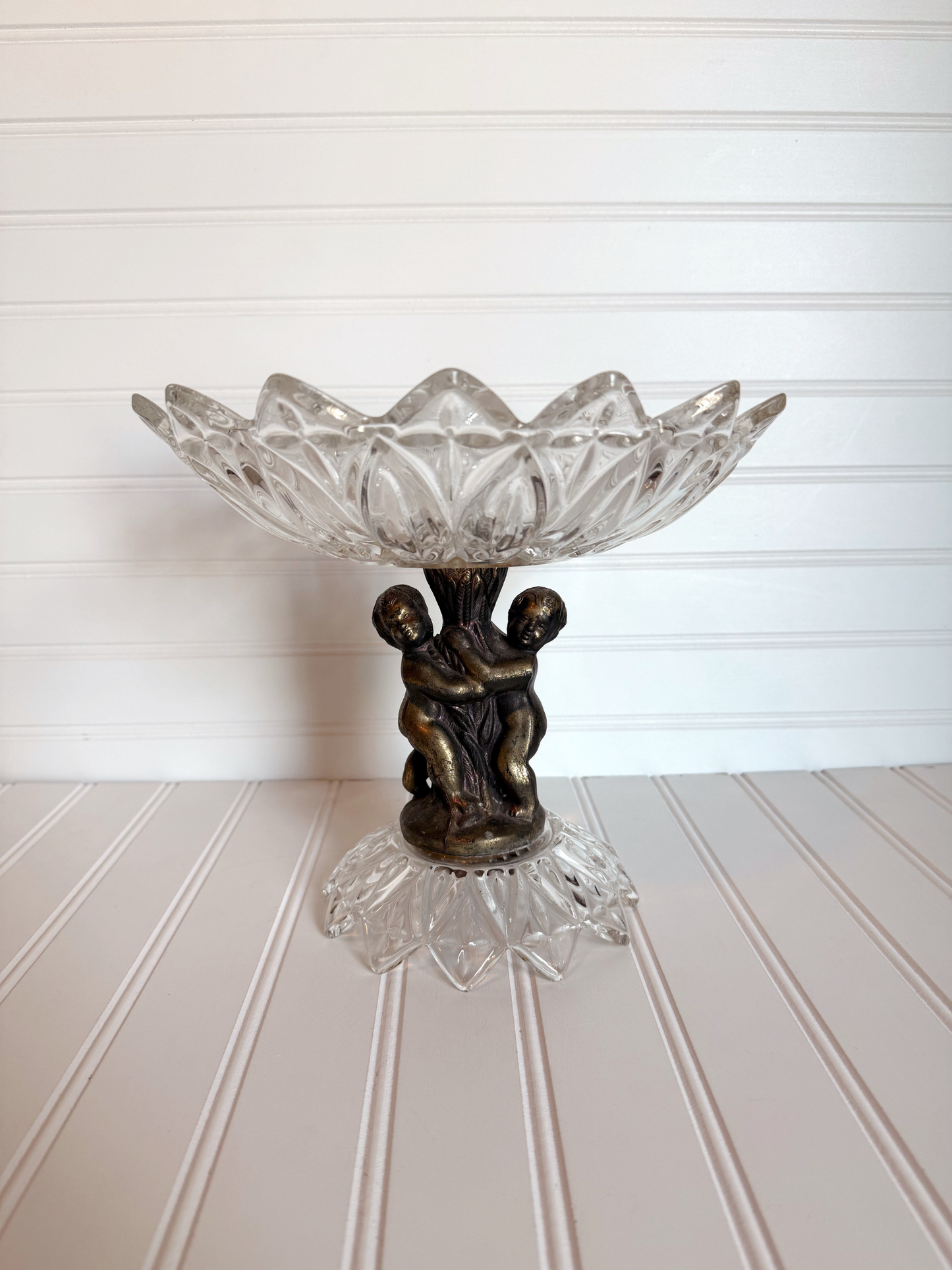 Hollywood Regency Cut Glass Cherub Pedestal Dish