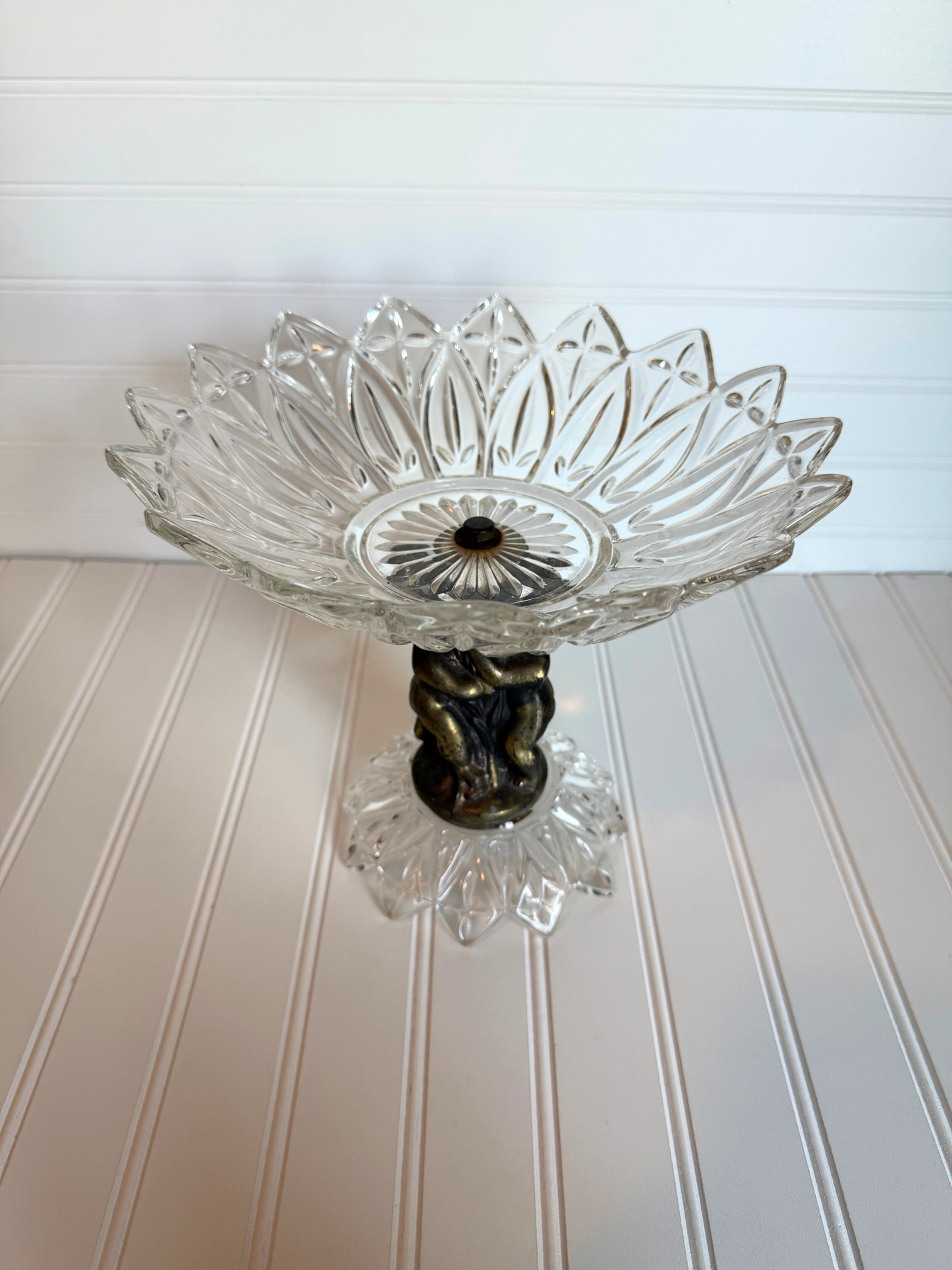 Hollywood Regency Cut Glass Cherub Pedestal Dish