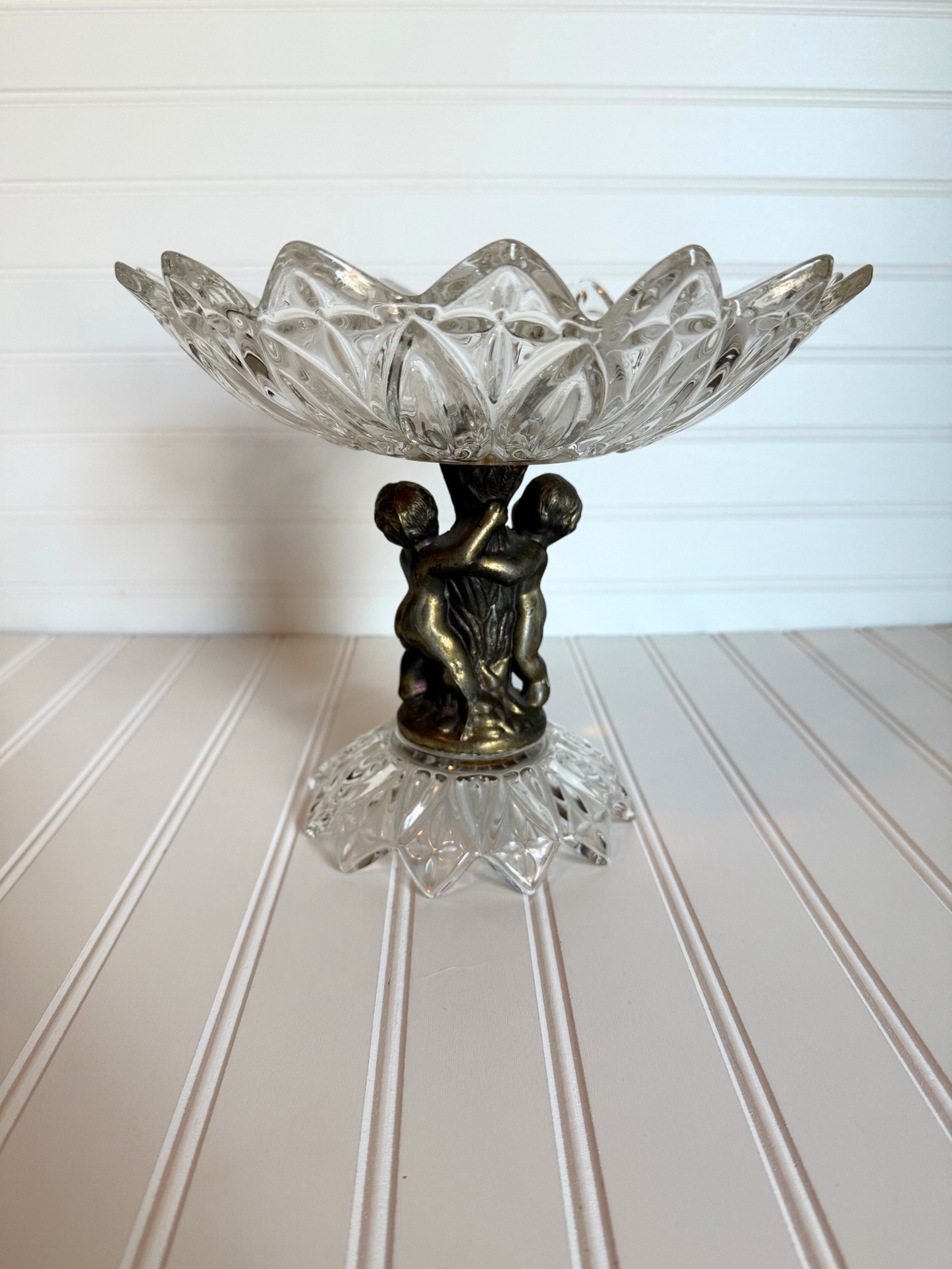 Hollywood Regency Cut Glass Cherub Pedestal Dish