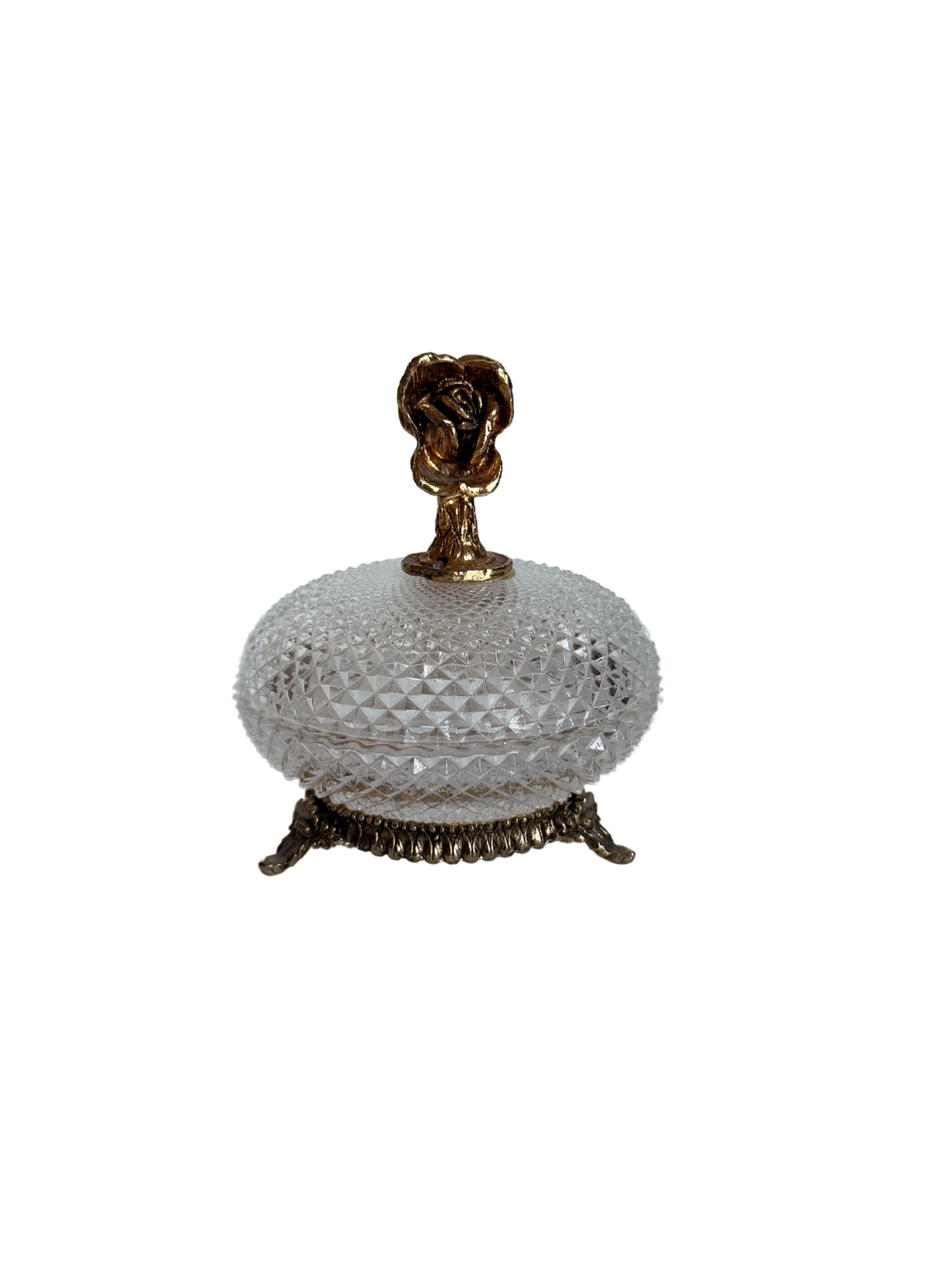 Diamond Cut Glass Footed Dish with 24k Gold Plated Rose Handle