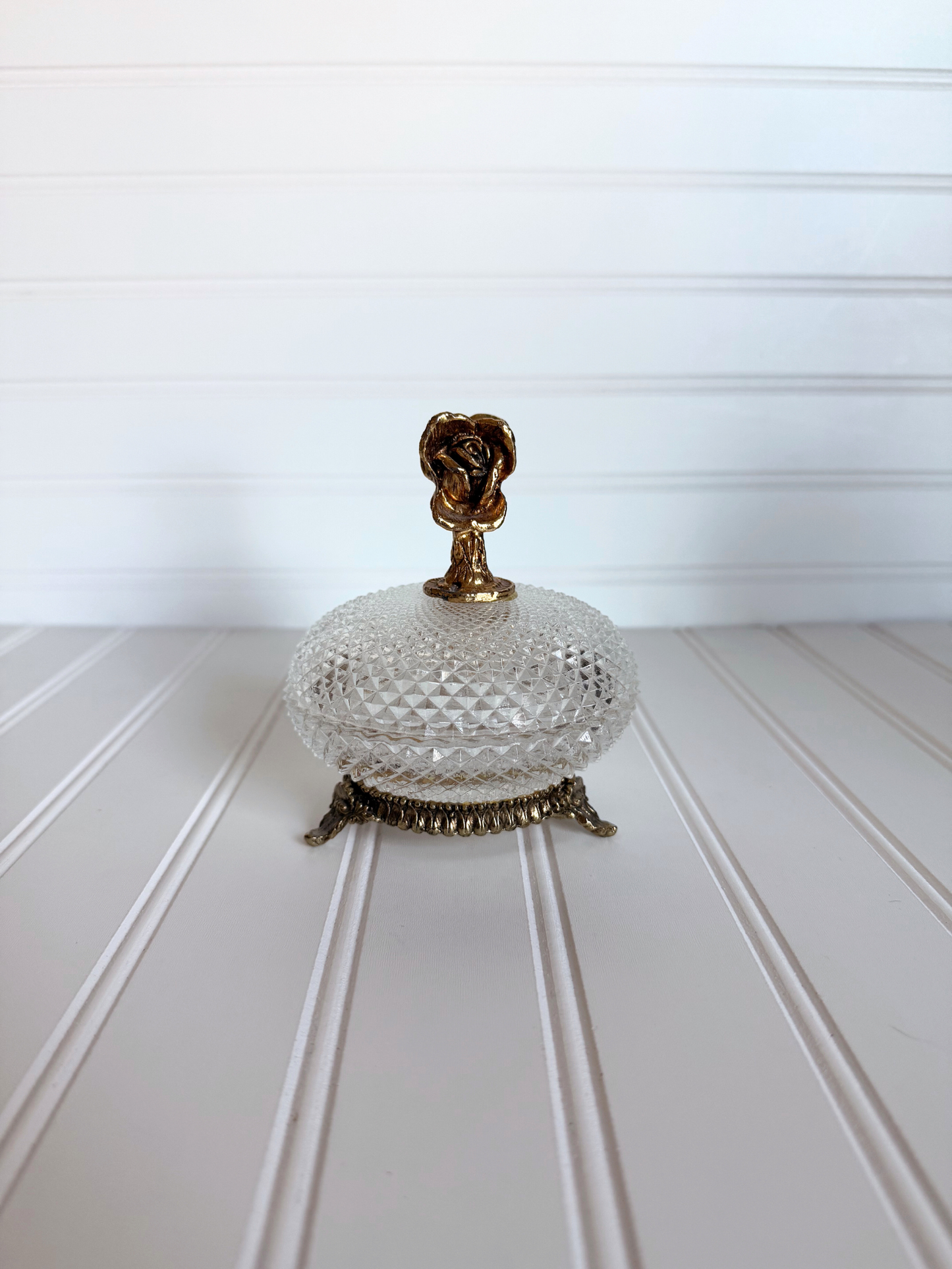 Diamond Cut Glass Footed Dish with 24k Gold Plated Rose Handle
