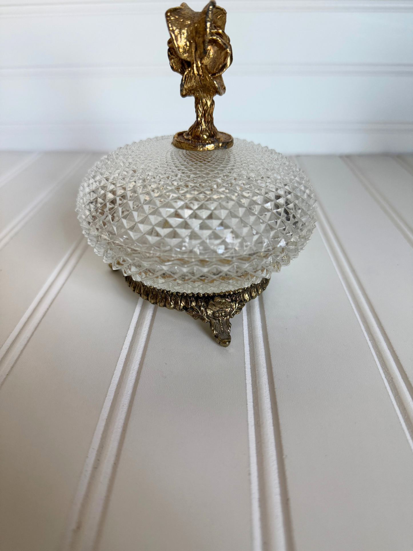 Diamond Cut Glass Footed Dish with 24k Gold Plated Rose Handle