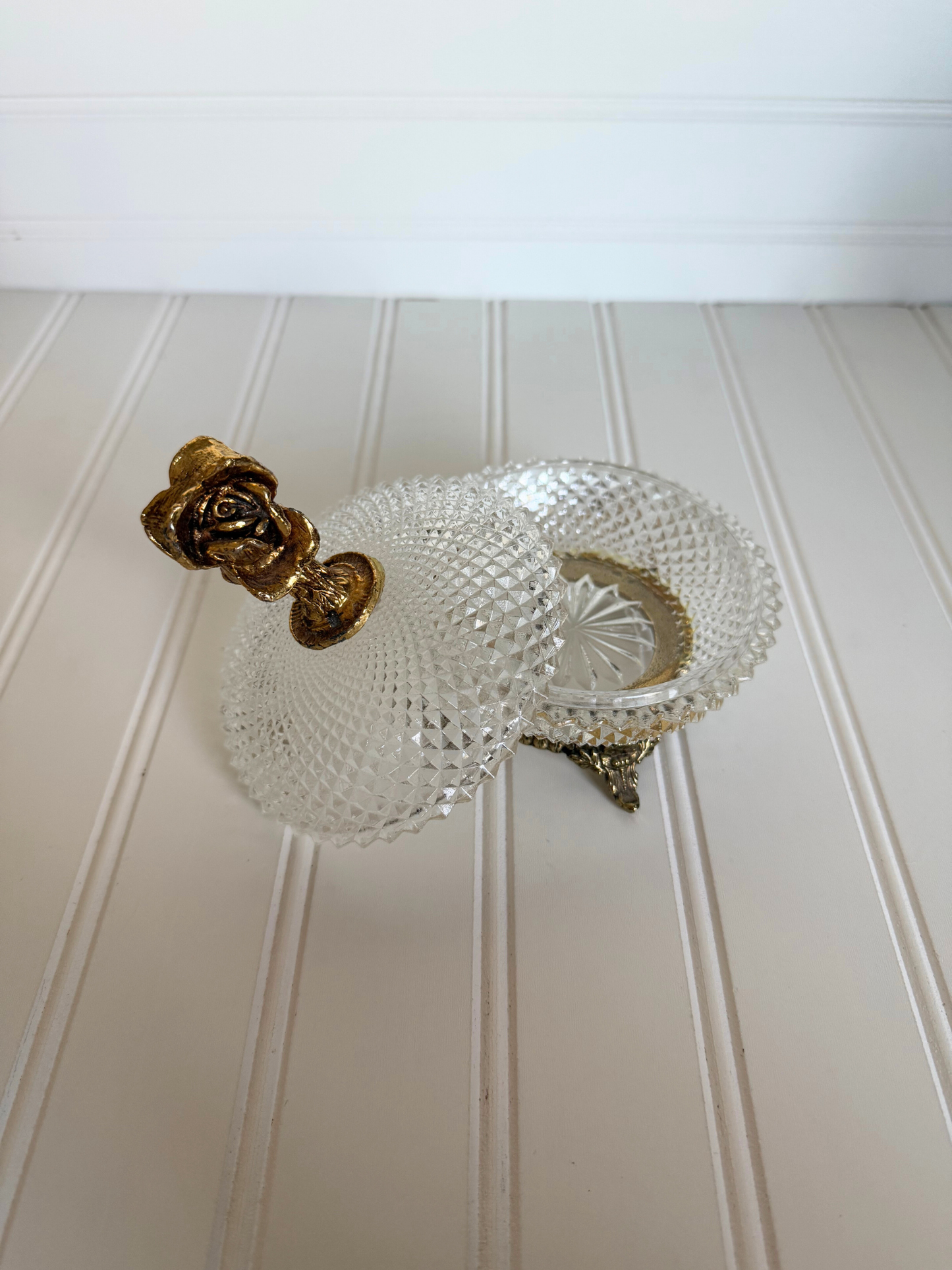 Diamond Cut Glass Footed Dish with 24k Gold Plated Rose Handle