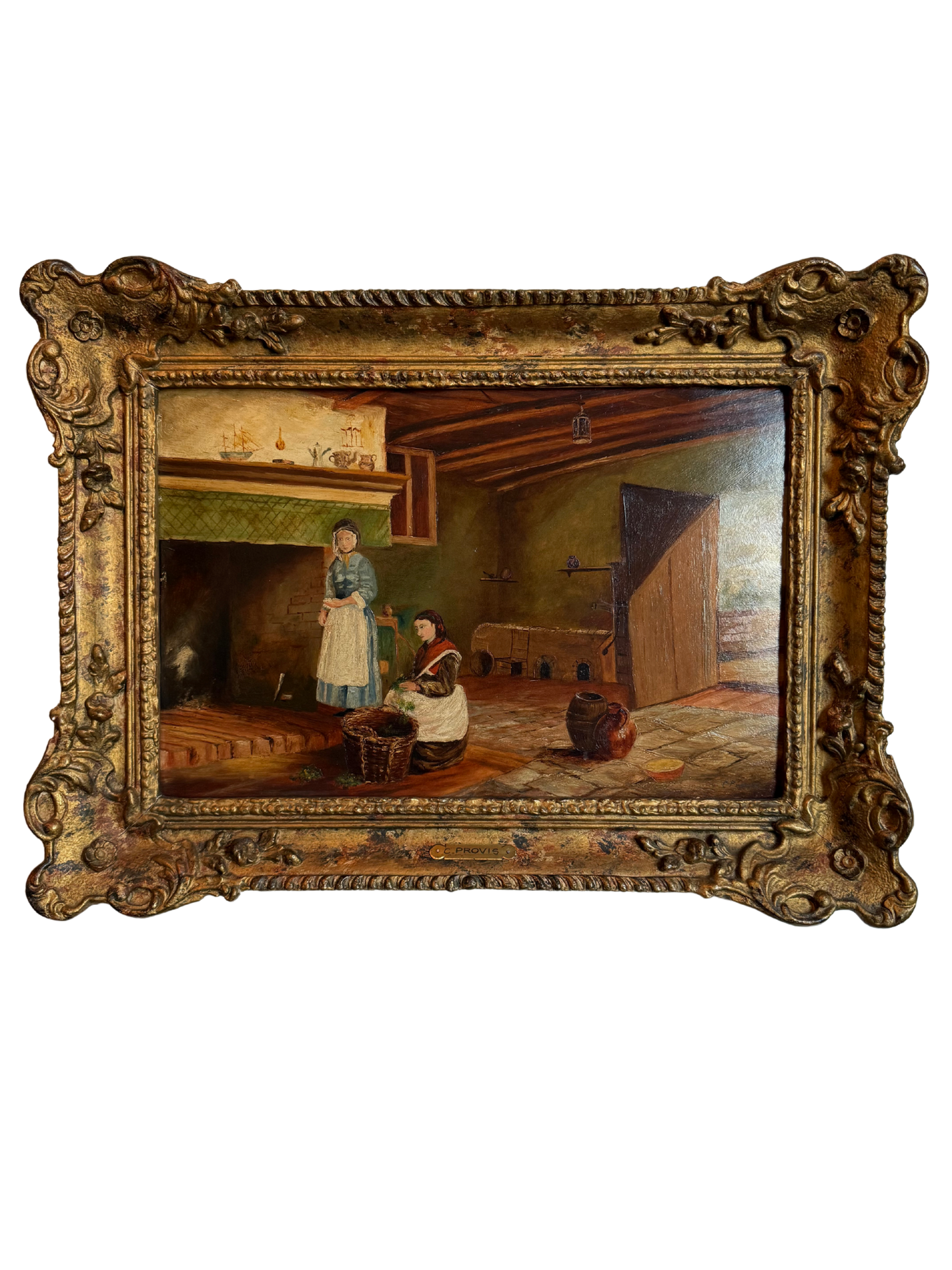 19th Century Cottage Interior Oil Painting