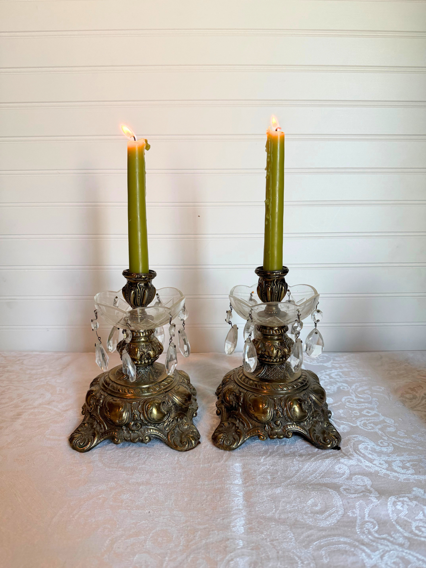 Ornate Brass Candle Holders with Crystals