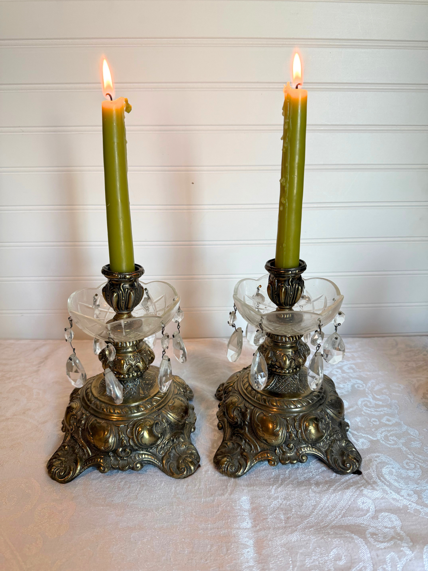 Ornate Brass Candle Holders with Crystals