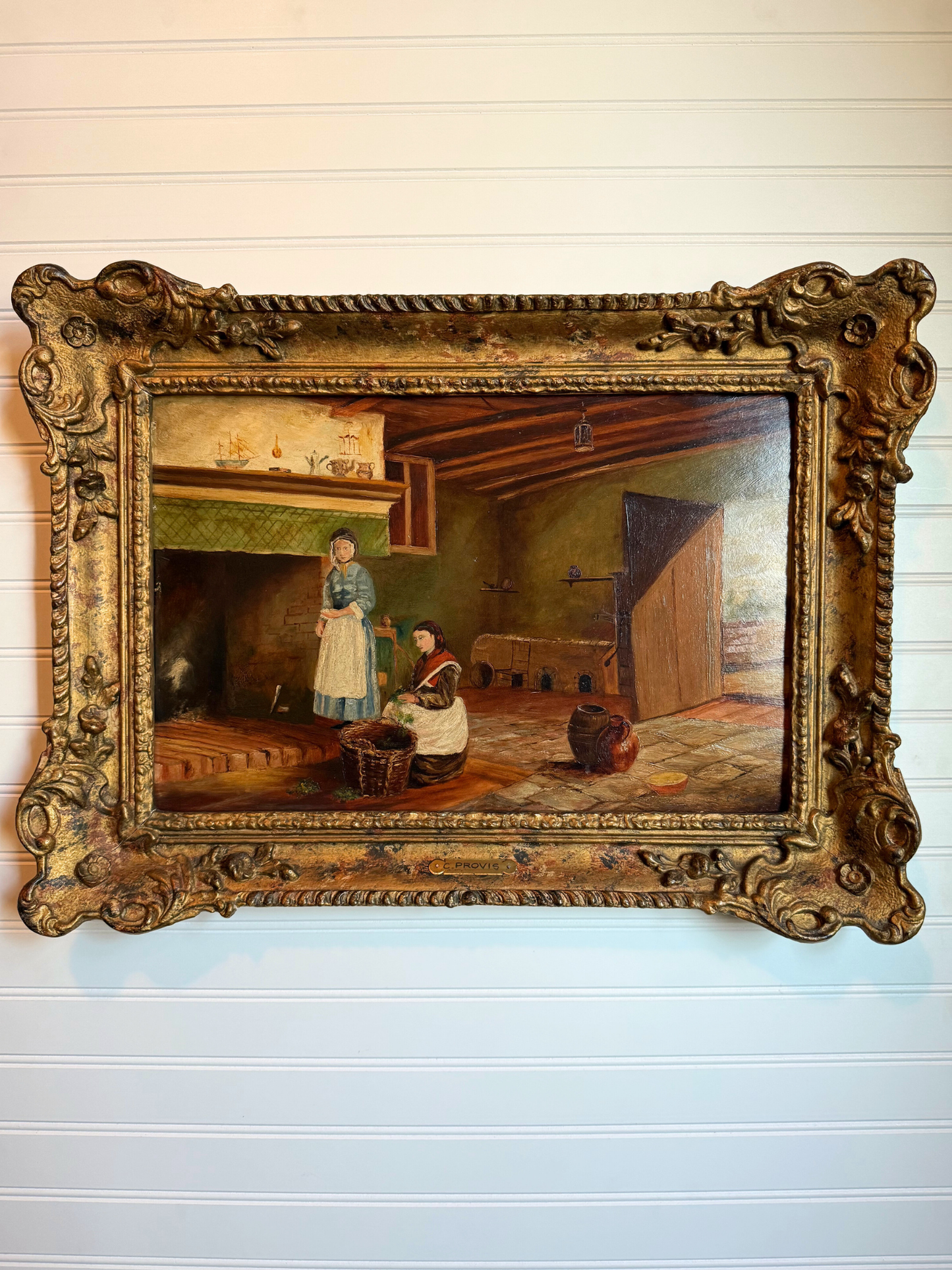 19th Century Cottage Interior Oil Painting
