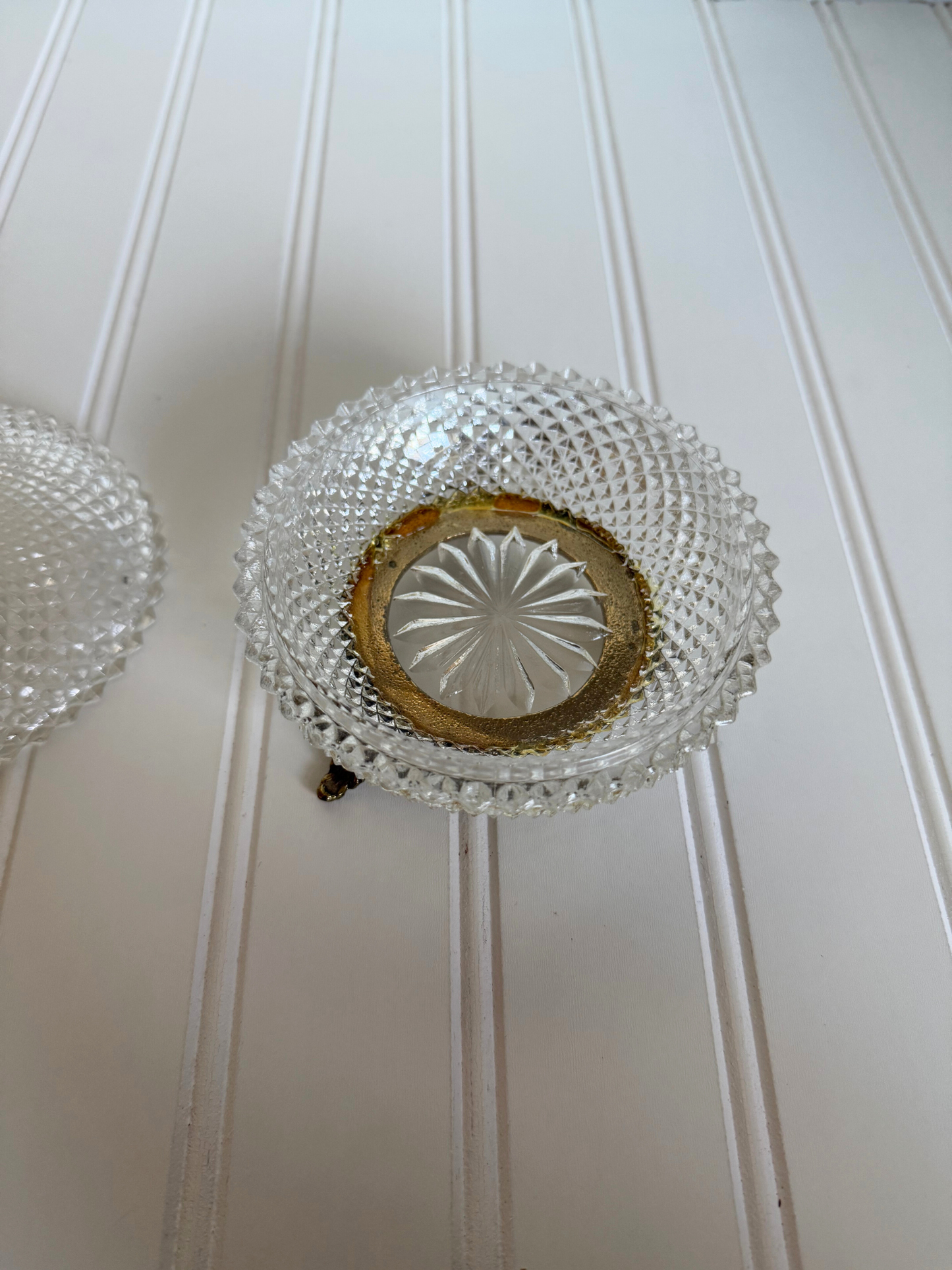 Diamond Cut Glass Footed Dish with 24k Gold Plated Rose Handle