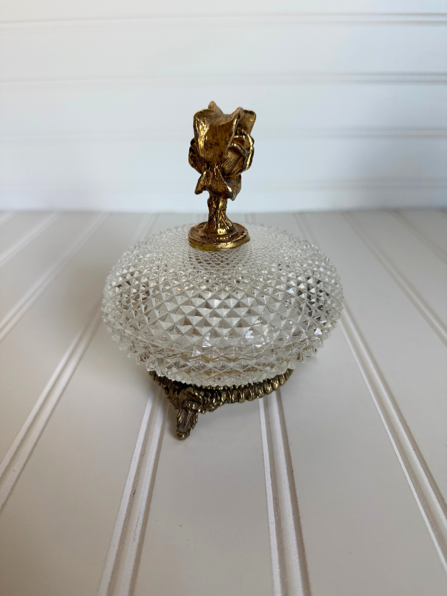 Diamond Cut Glass Footed Dish with 24k Gold Plated Rose Handle