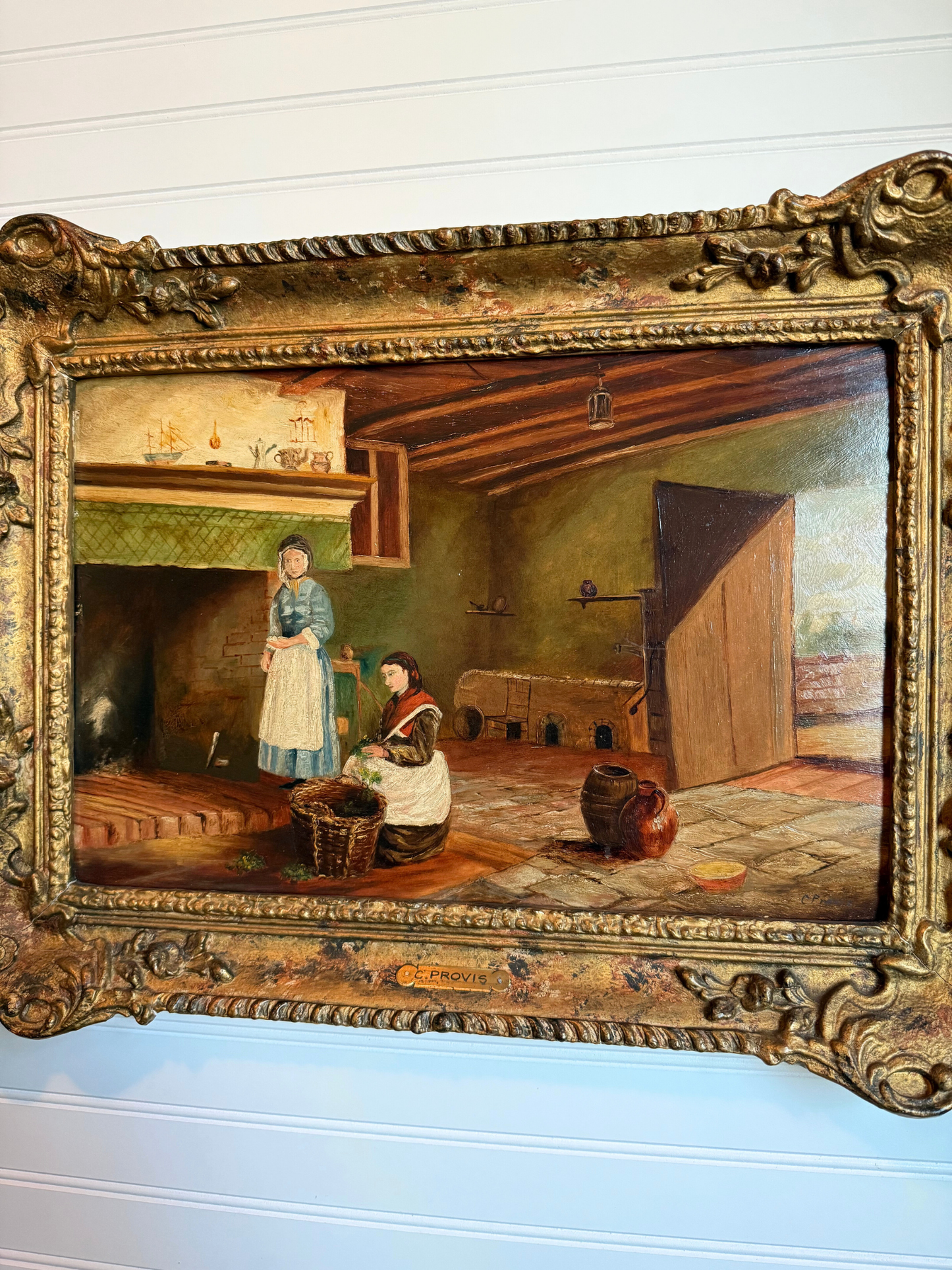19th Century Cottage Interior Oil Painting