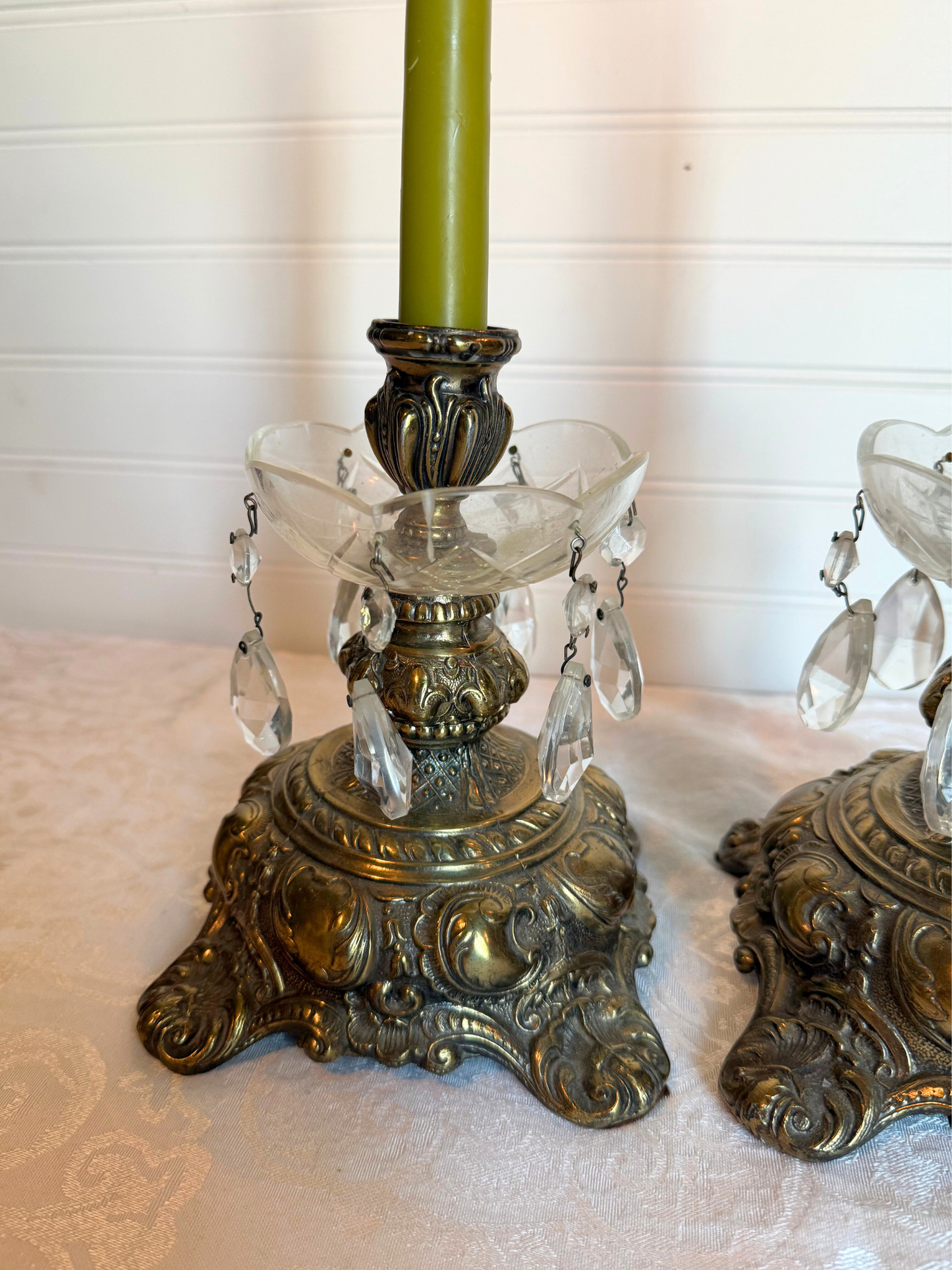 Ornate Brass Candle Holders with Crystals