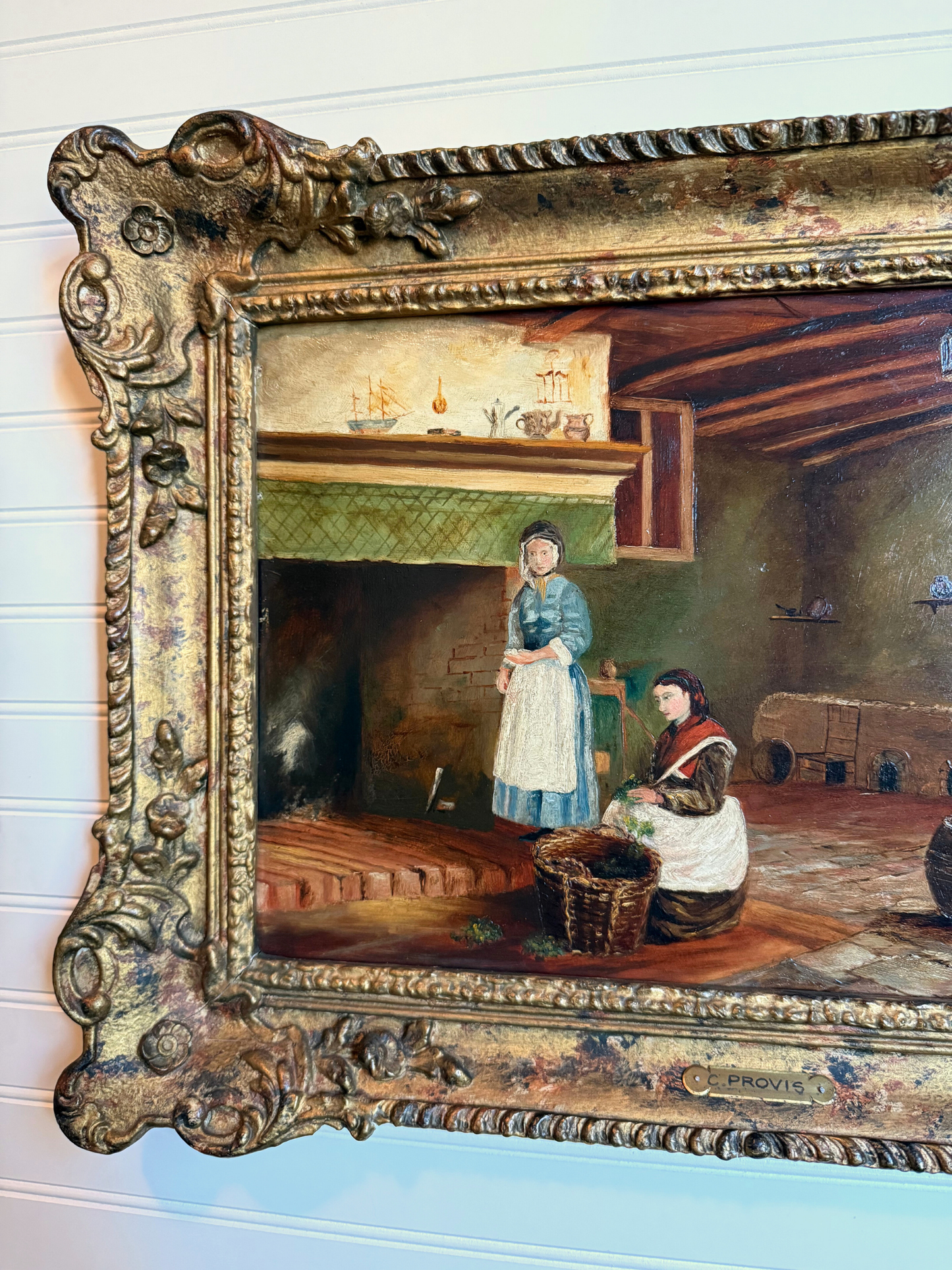 19th Century Cottage Interior Oil Painting