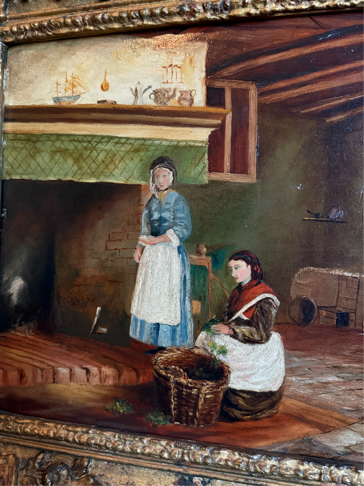 19th Century Cottage Interior Oil Painting