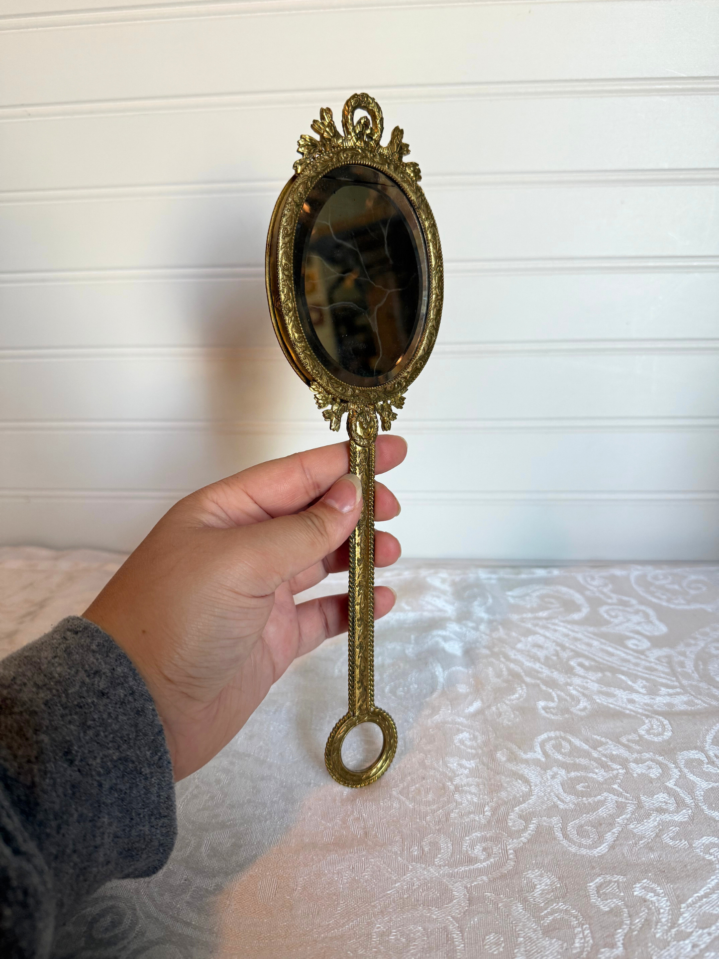 19th Century Bronze Hand Mirror with Portrait Painting of Sophie of France