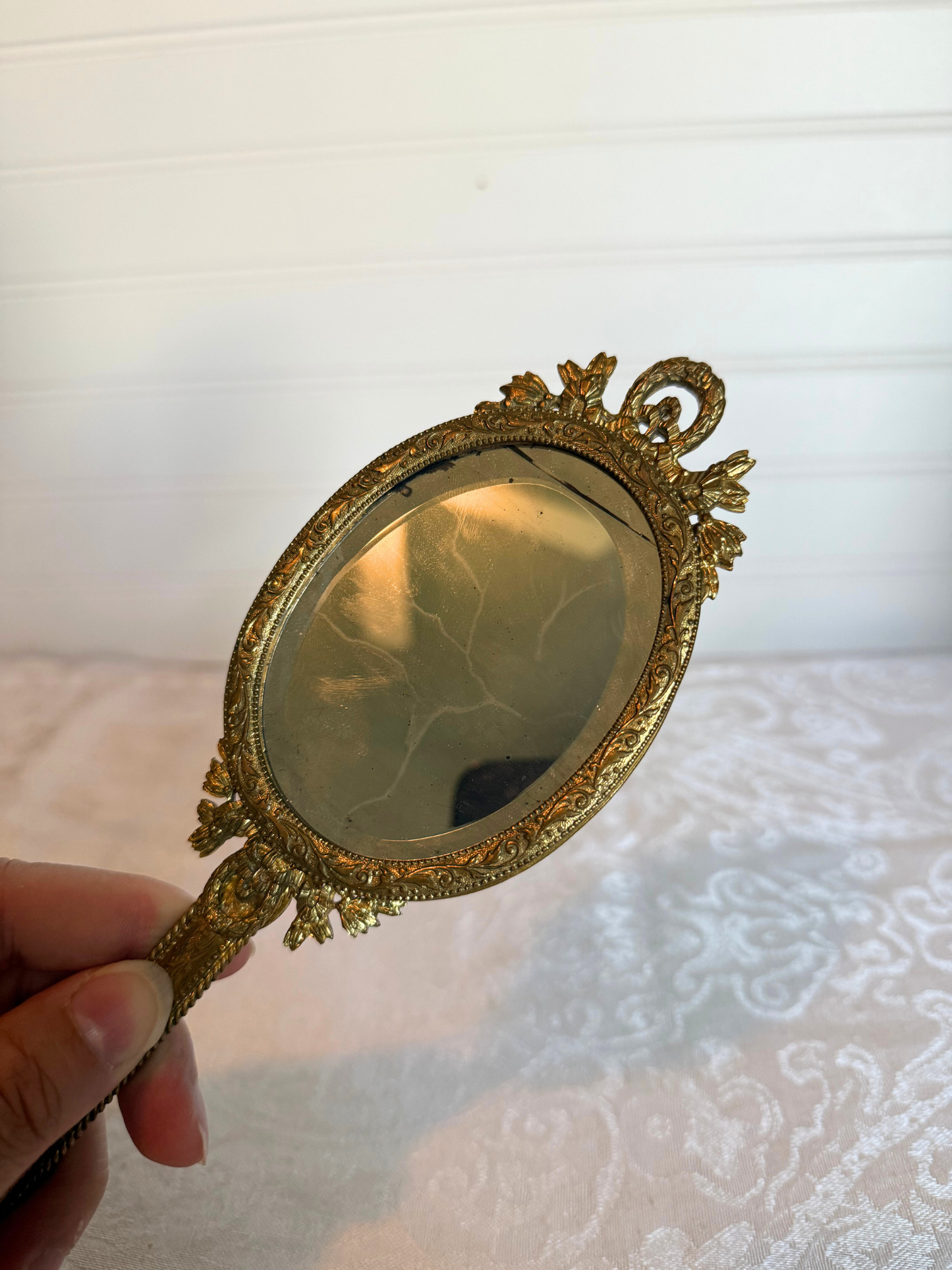 19th Century Bronze Hand Mirror with Portrait Painting of Sophie of France
