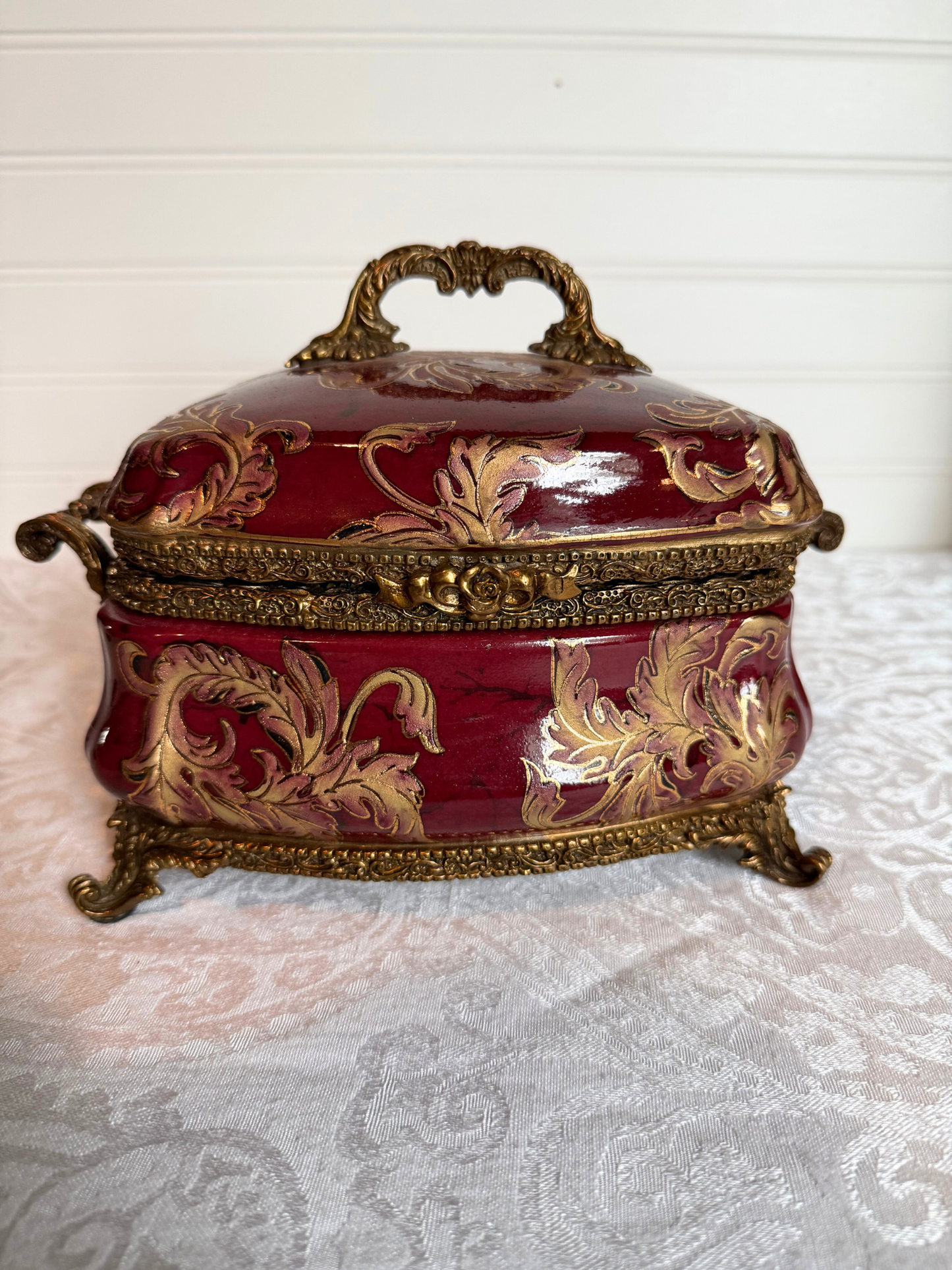 Red Porcelain & Bronze Lidded Trinket Dish