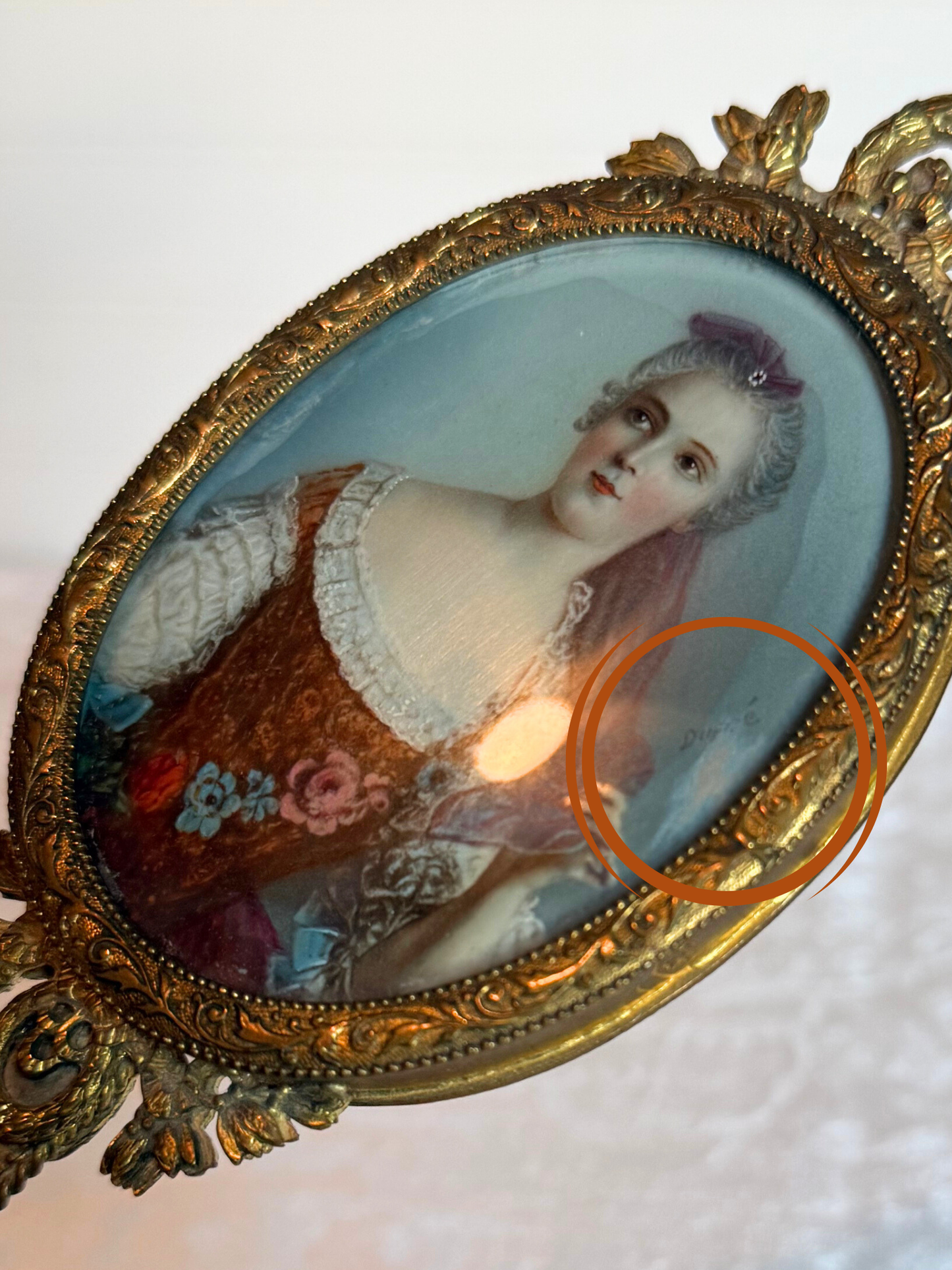 19th Century Bronze Hand Mirror with Portrait Painting of Sophie of France