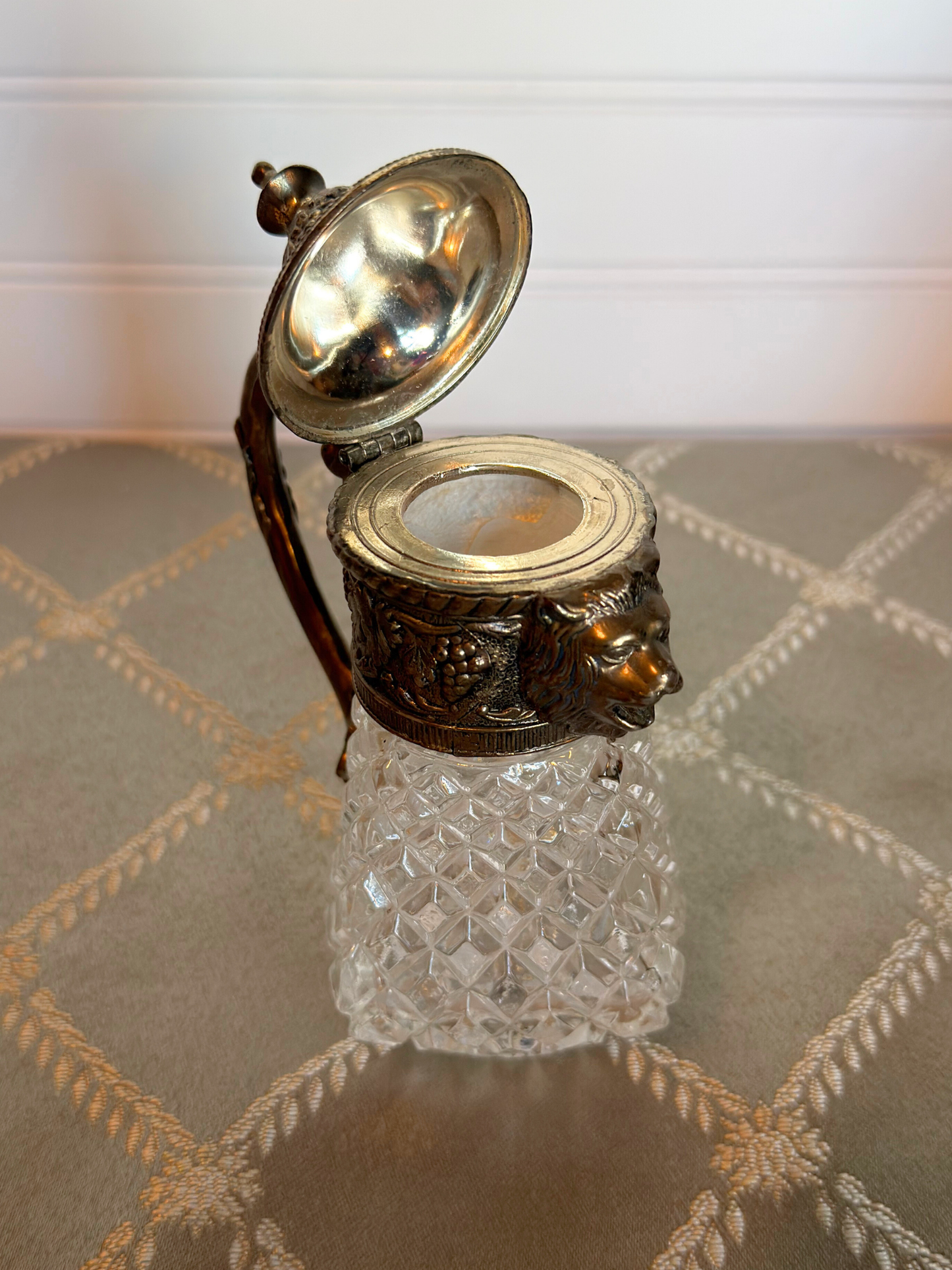Silver Plated & Crystal Lion Syrup Pitcher