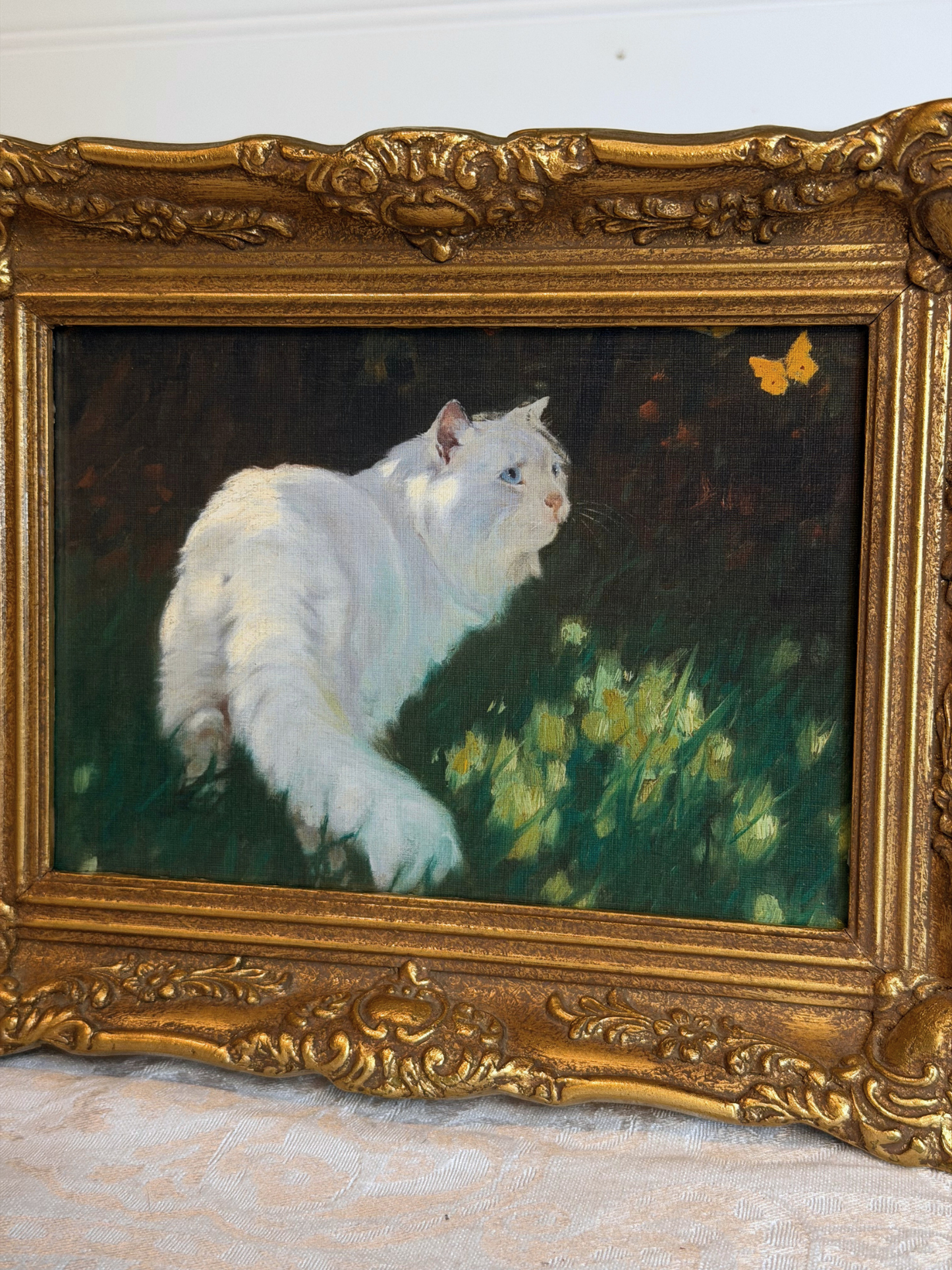 Framed White Cat & Butterfly Print