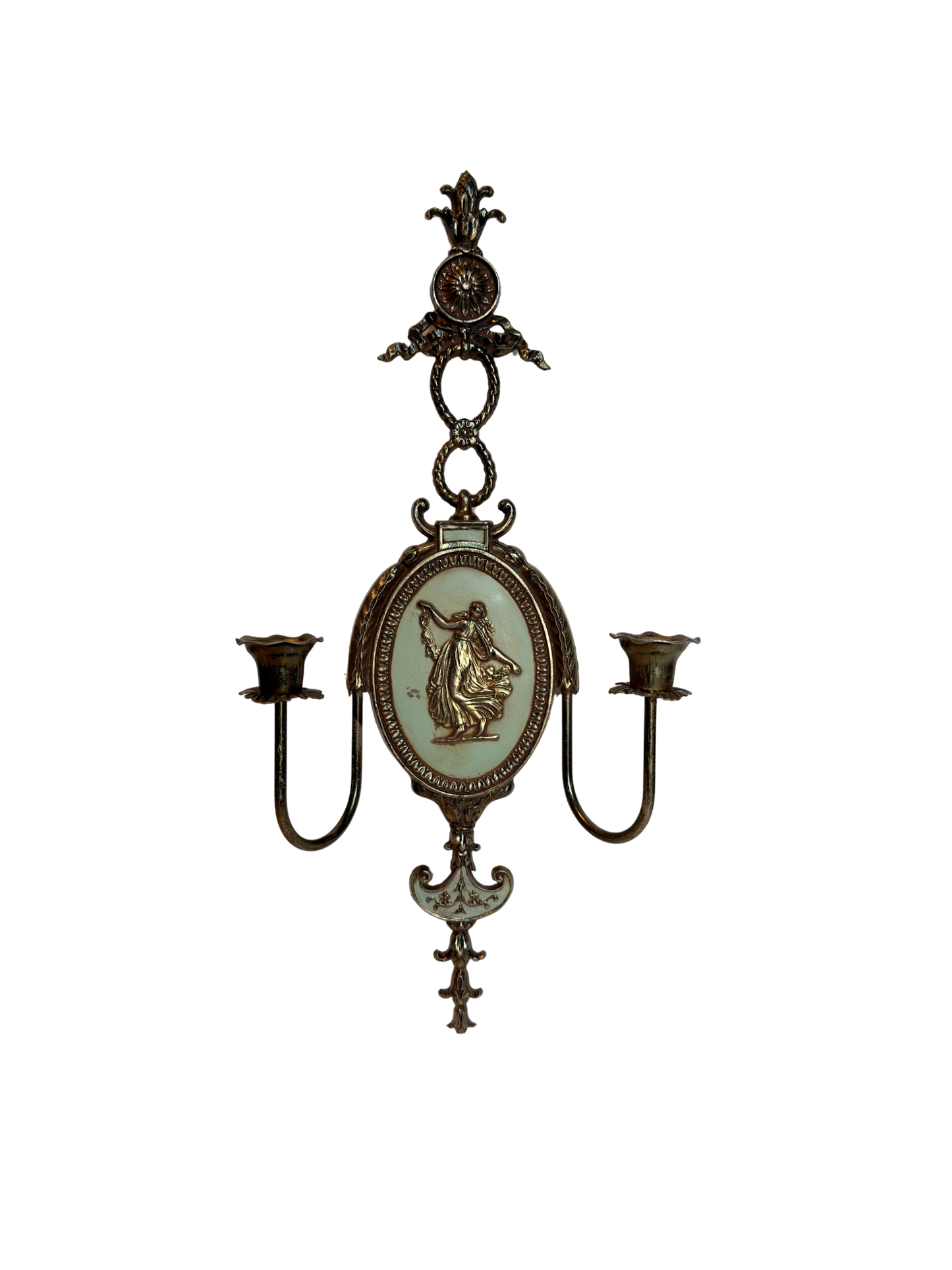 Decorative metal wall sconce with figurative lady design on a white background
