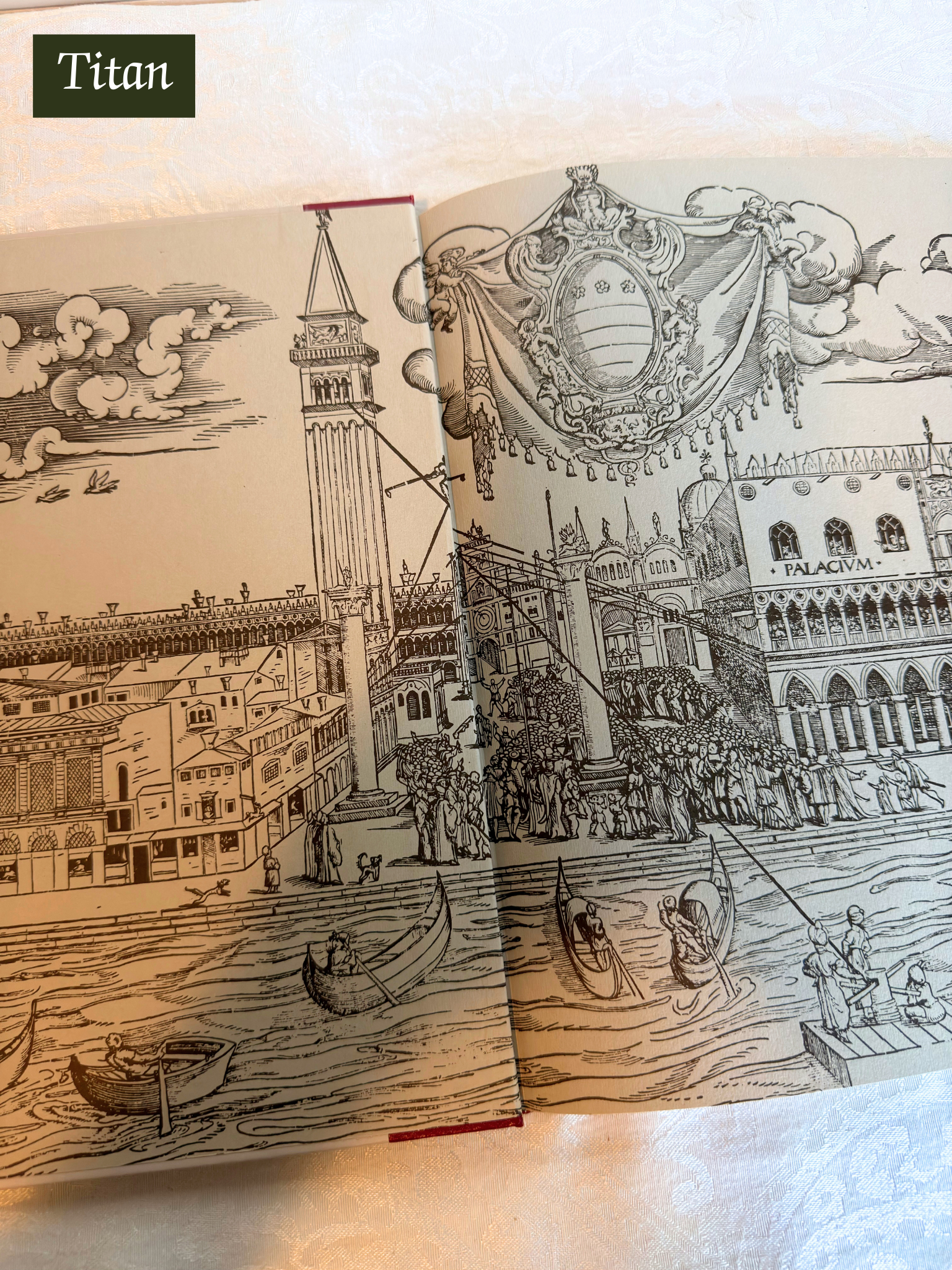 Illustration of a Venetian scene with boats and architecture, featuring the brand 'Titan'.