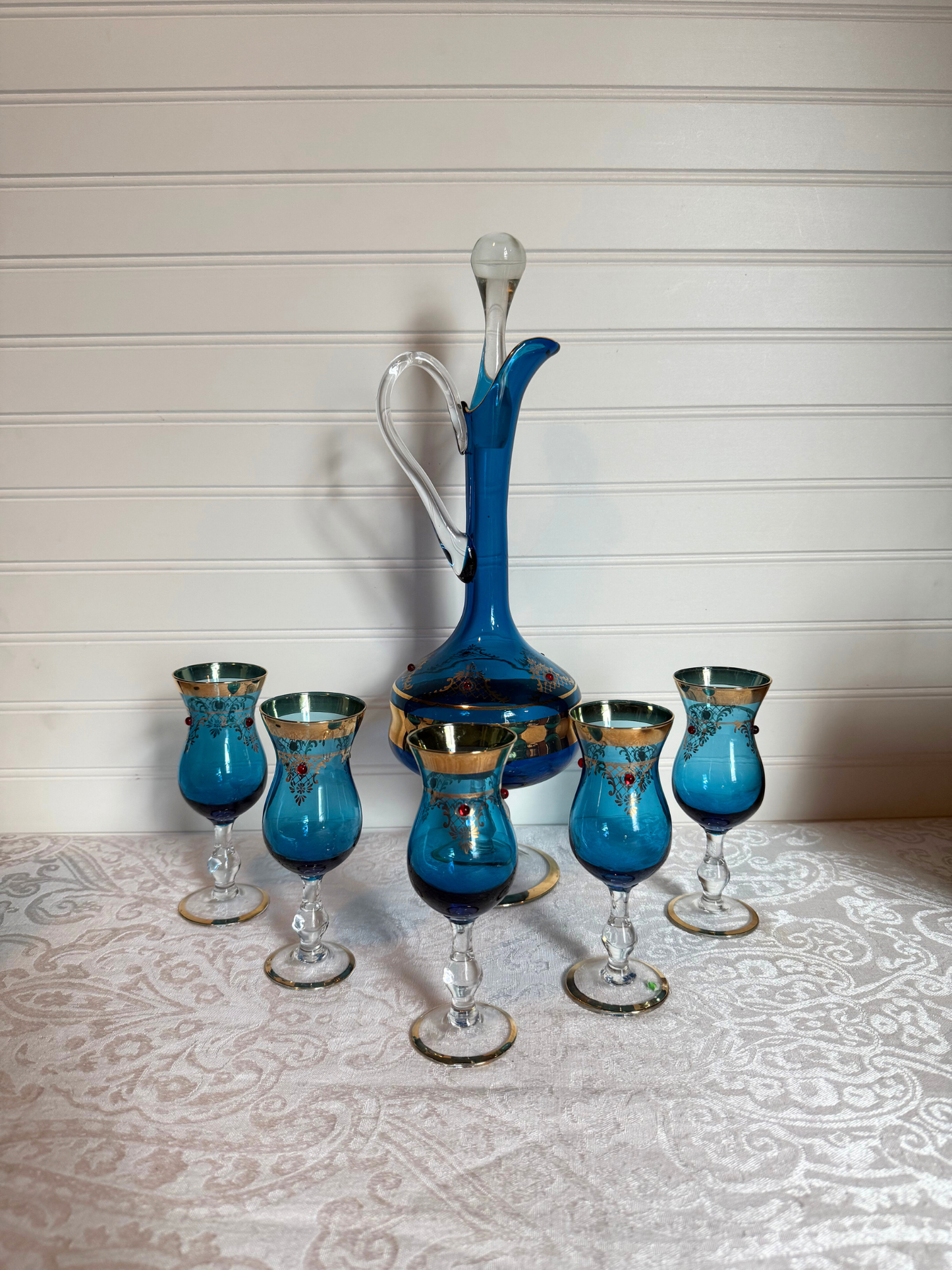 Italian Murano Venetian blue glass decanter set