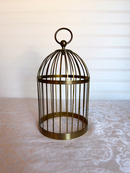 brass birdcage on a textured surface with a neutral background