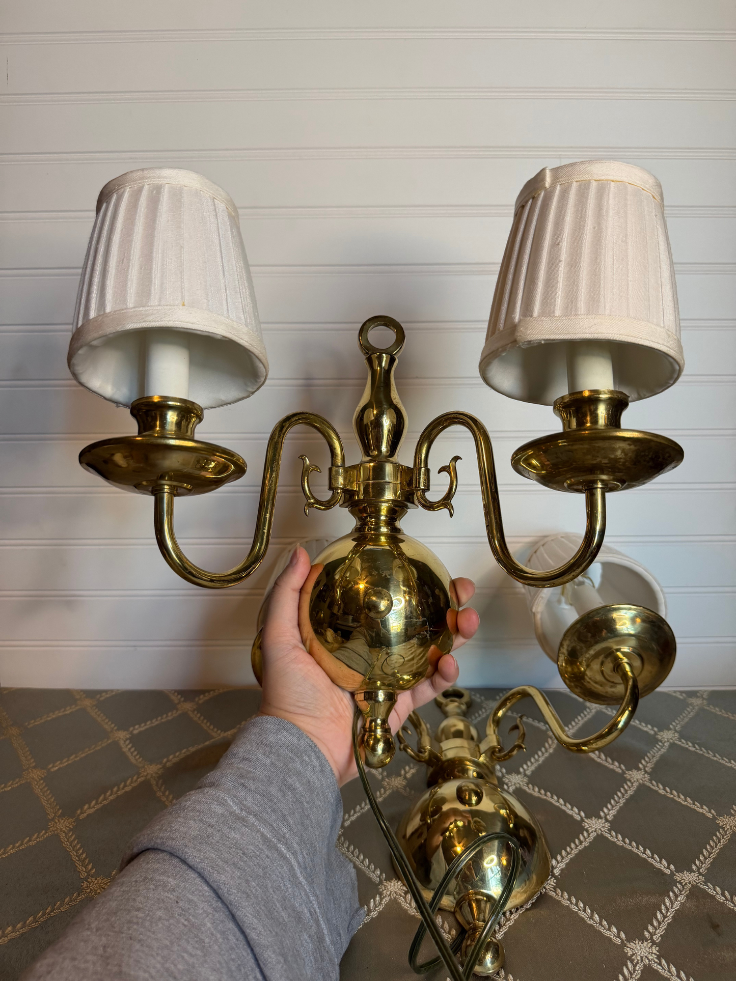 Pair of Brass Wall Scones with Lampshades