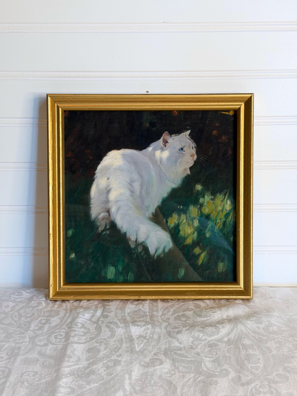 Framed White Cat & Butterfly Print