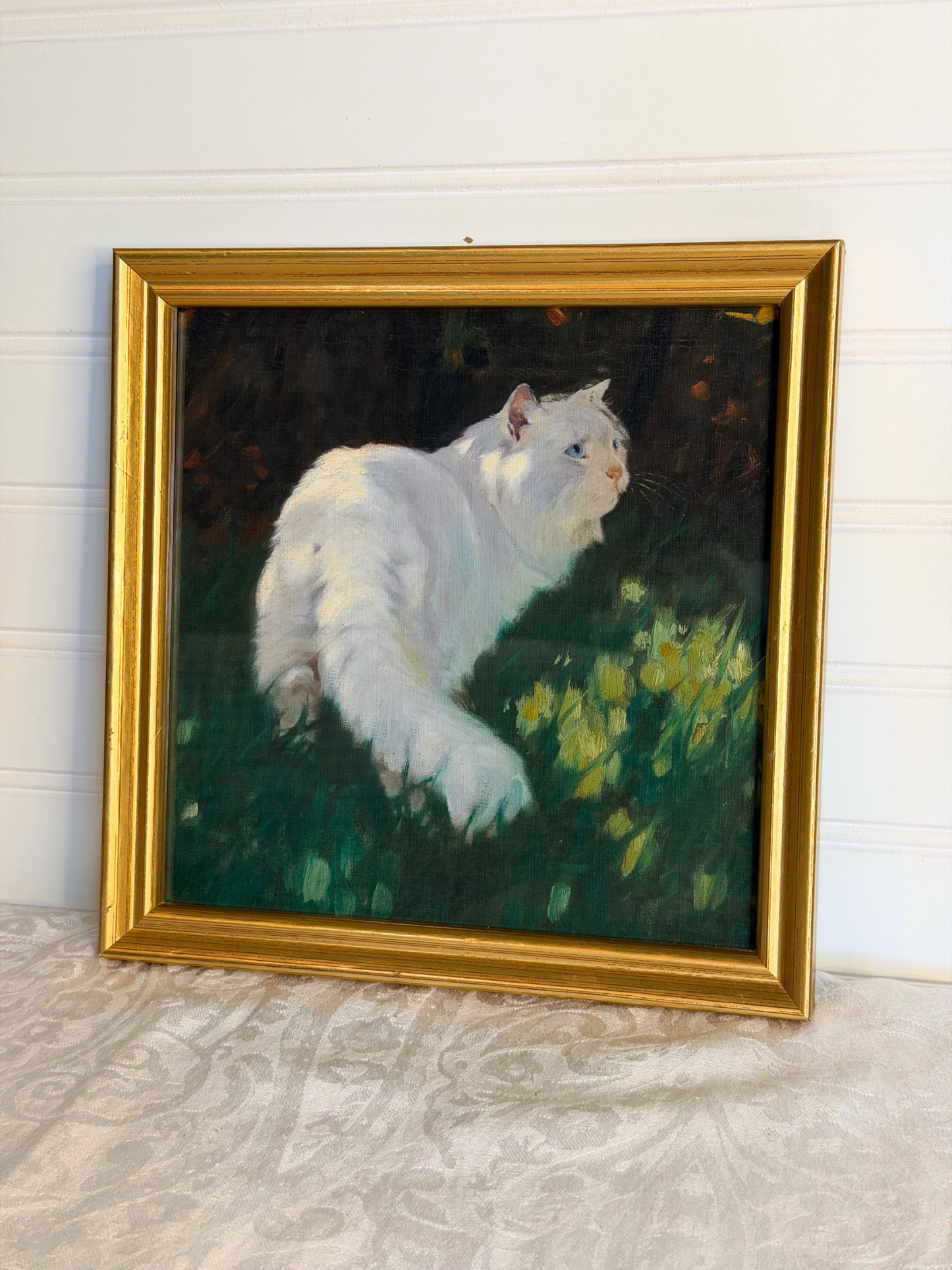 Framed White Cat & Butterfly Print
