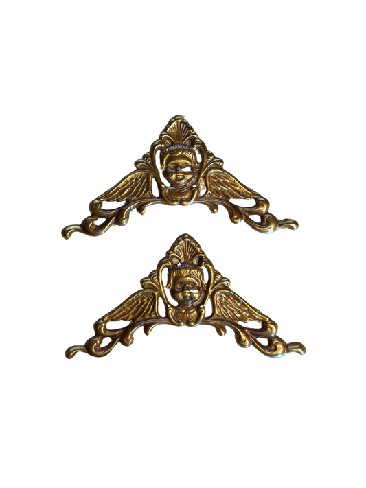 Pair of Brass Cherub Spandrels (Arch Corners for Antique Clocks)