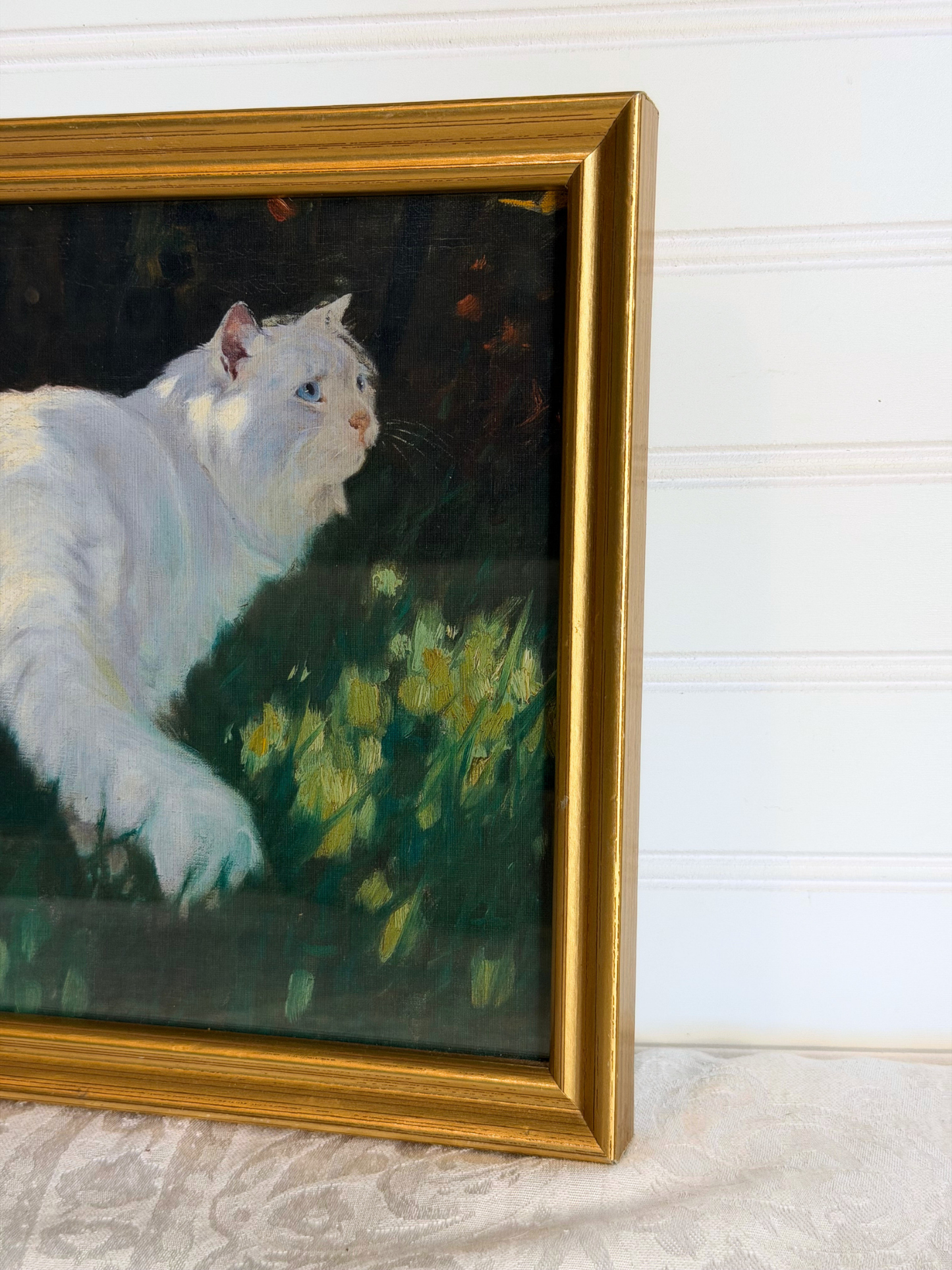 Framed White Cat & Butterfly Print
