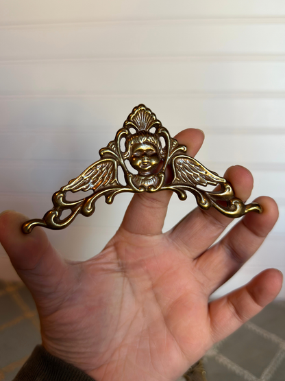 Pair of Brass Cherub Spandrels (Arch Corners for Antique Clocks)