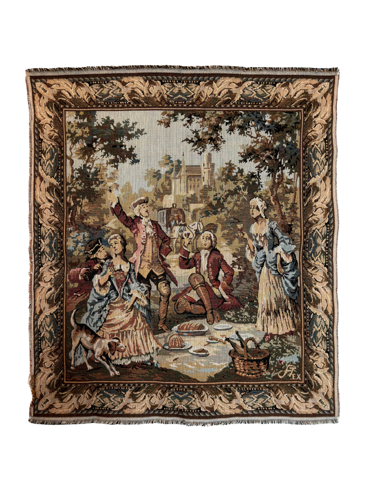 Decorative tapestry with classical scene of people at a picnic, framed by intricate border.
