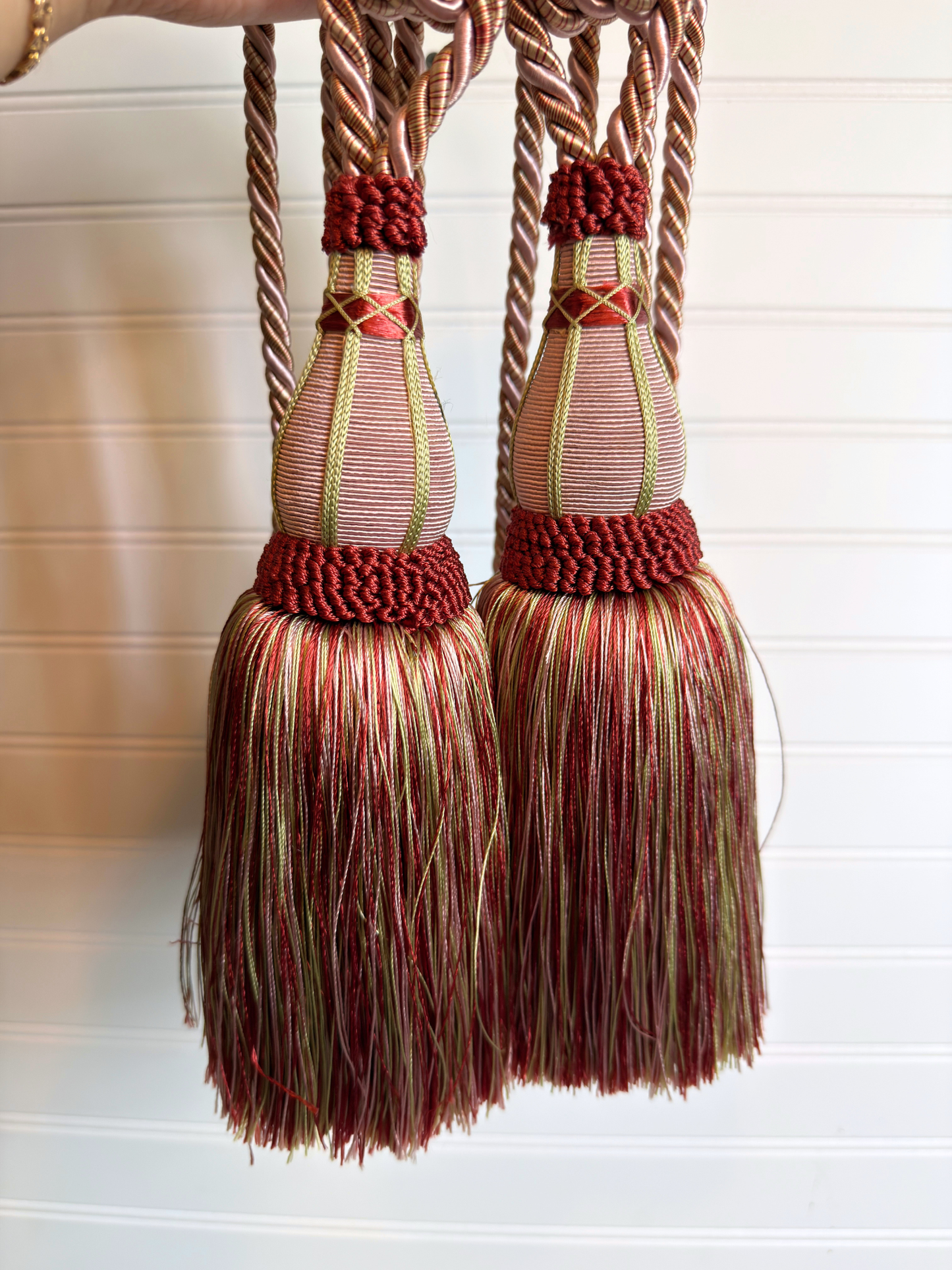 Pair of Light Pink & Green Curtain Tieback Tassels
