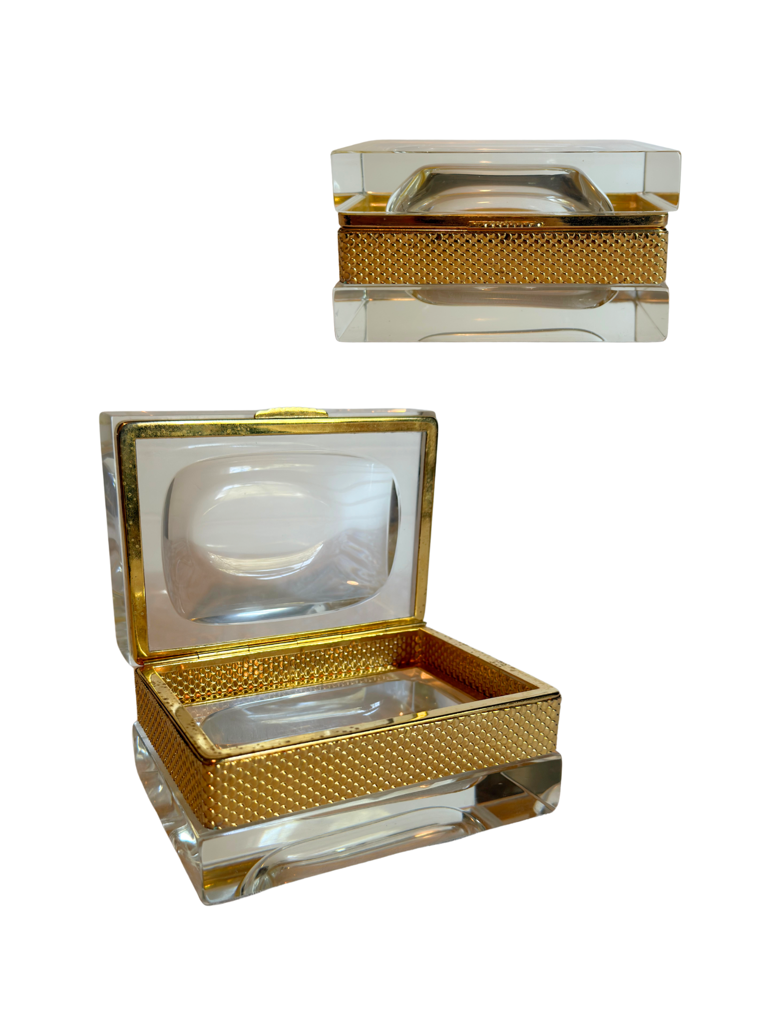 decorative glass boxes with gold and clear design on a white background