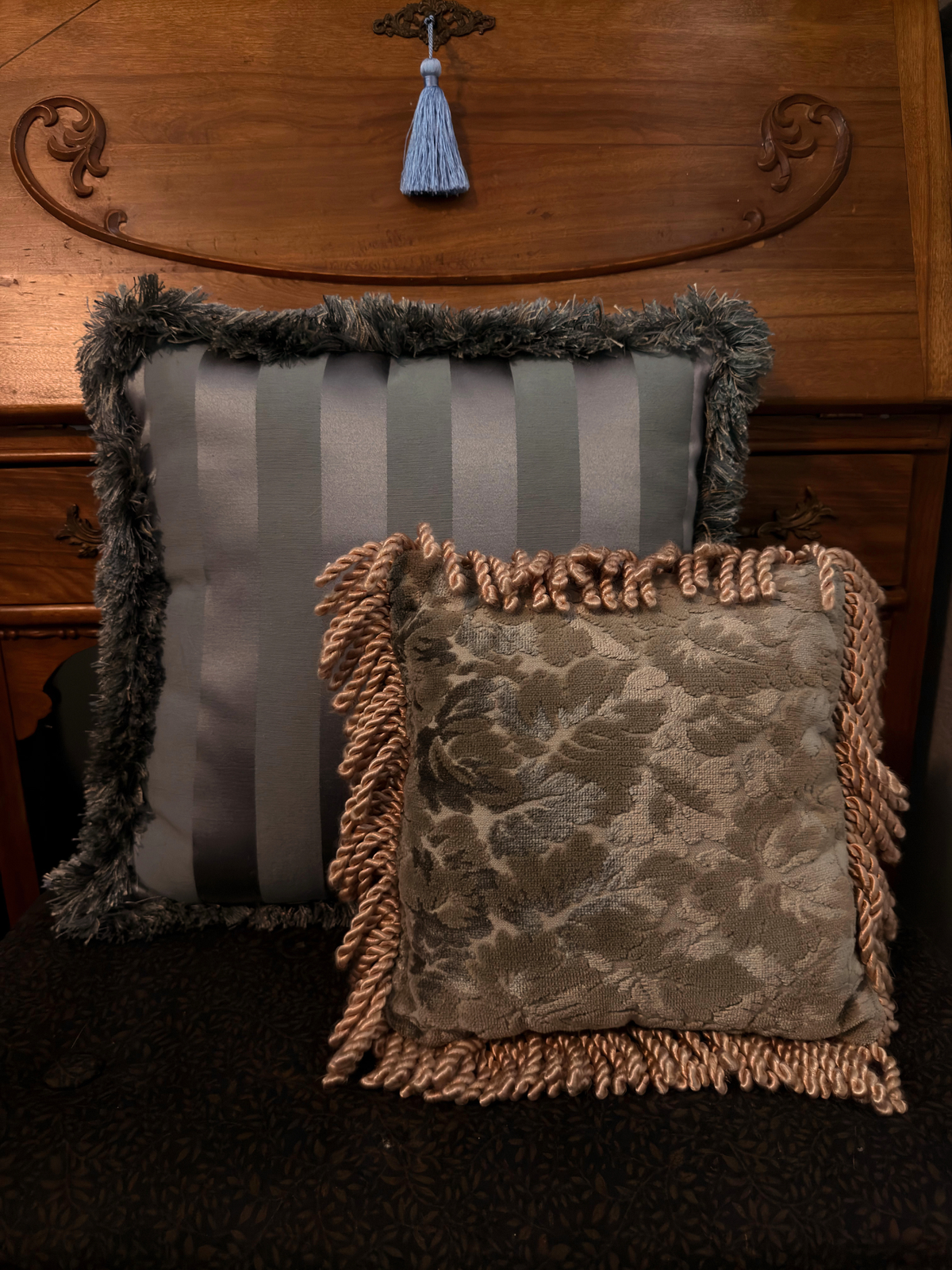 Dusty Blue Velvet Satin Stripes Throw Pillow