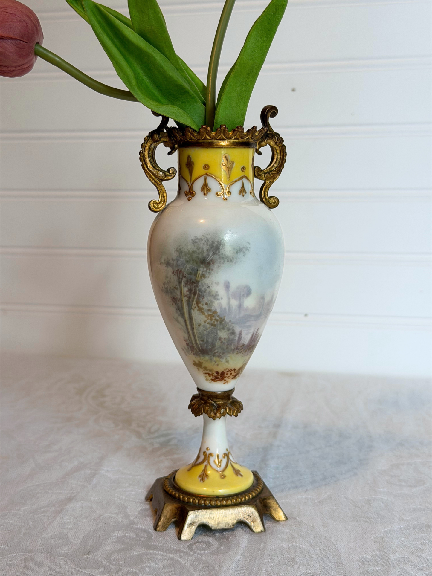 Hand Painted Porcelain & Bronze Bud Vases