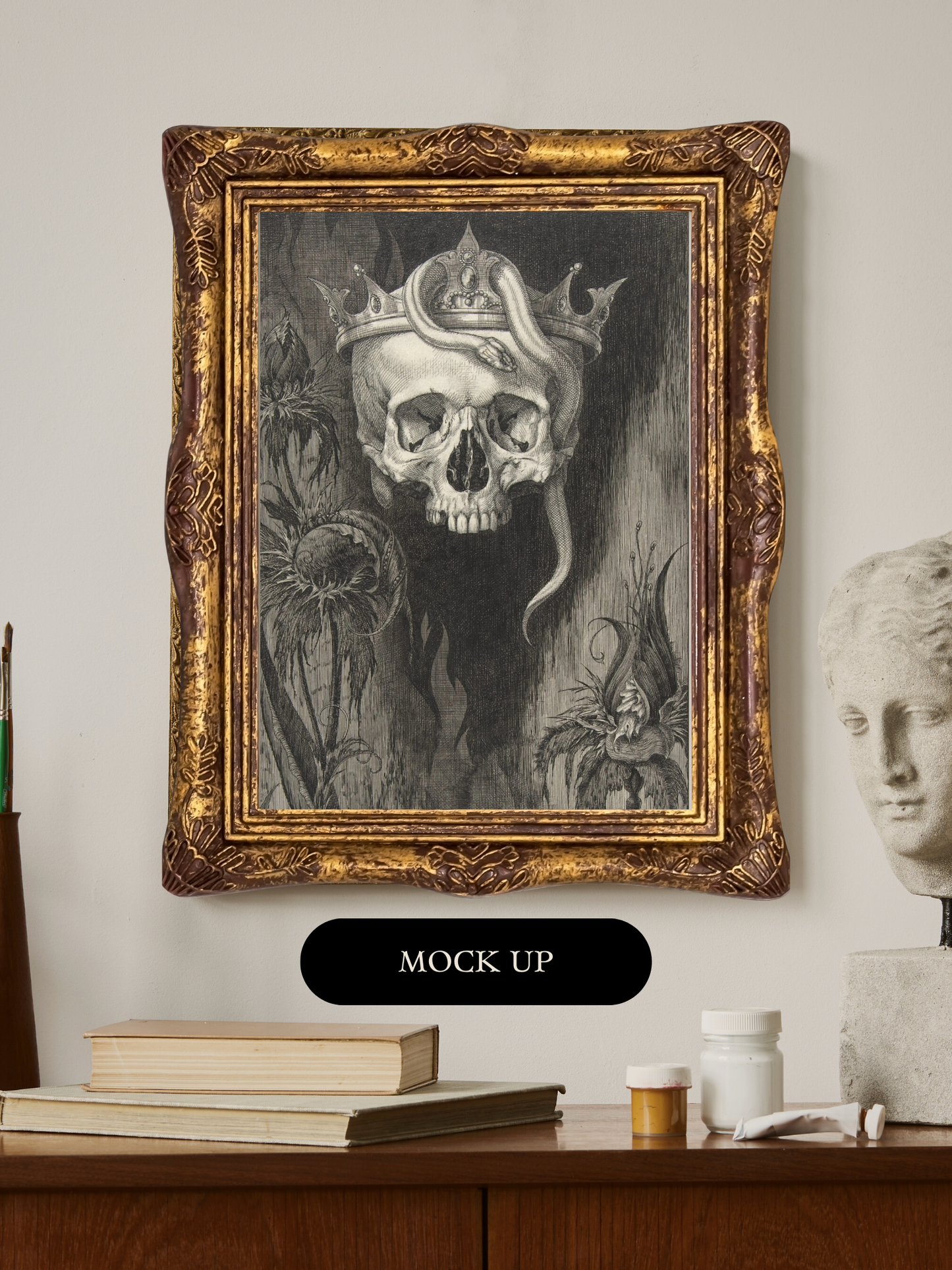 Skull Crowned with Snakes & Flowers