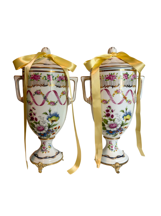 Porcelain & Gold Metal Covered Urns