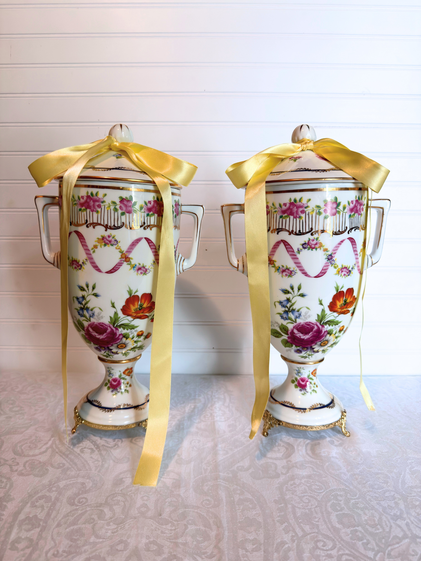 Porcelain & Gold Metal Covered Urns