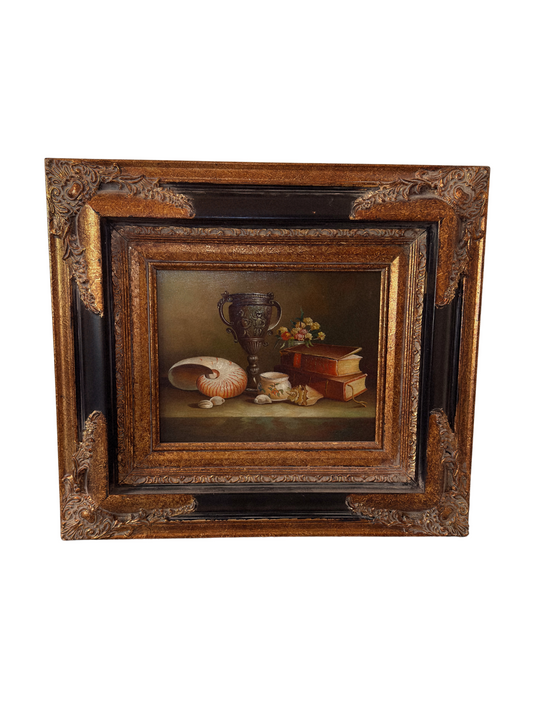 Black & Gold Ornate Frame with Still Life Oil Painting