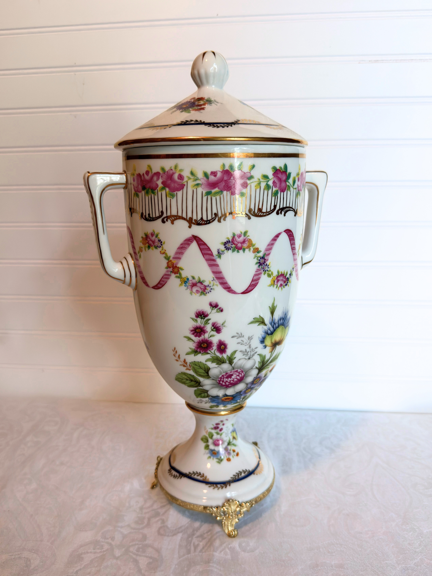 Porcelain & Gold Metal Covered Urns