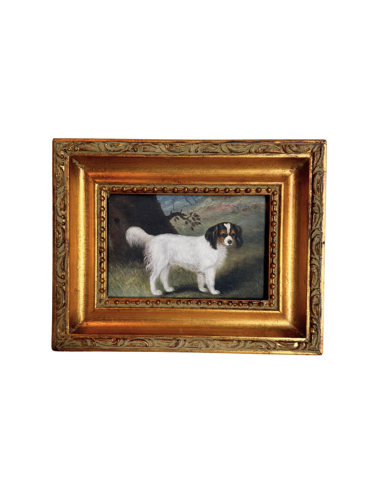 Small print of a white and black King Charles spaniel in a decorative gold frame on a white background